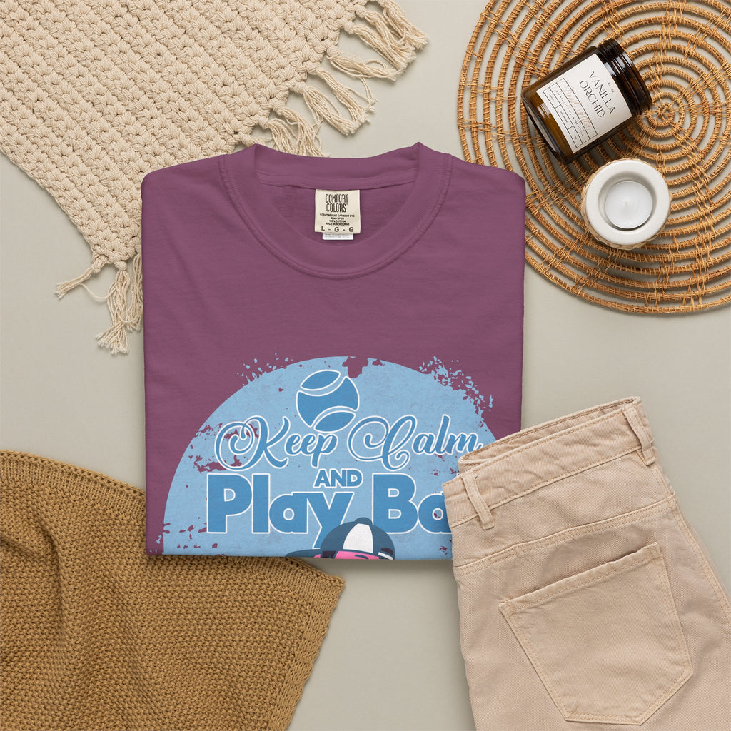 Textured Keep Calm and Play Ball Baseball T-Shirt — Cute Mascot Sports Tee for Kids & Fans