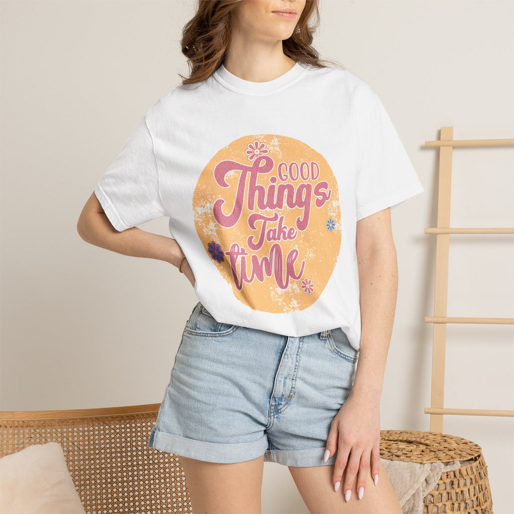 Good Things Take Time T-Shirt | Textured Retro Script Floral Graphic