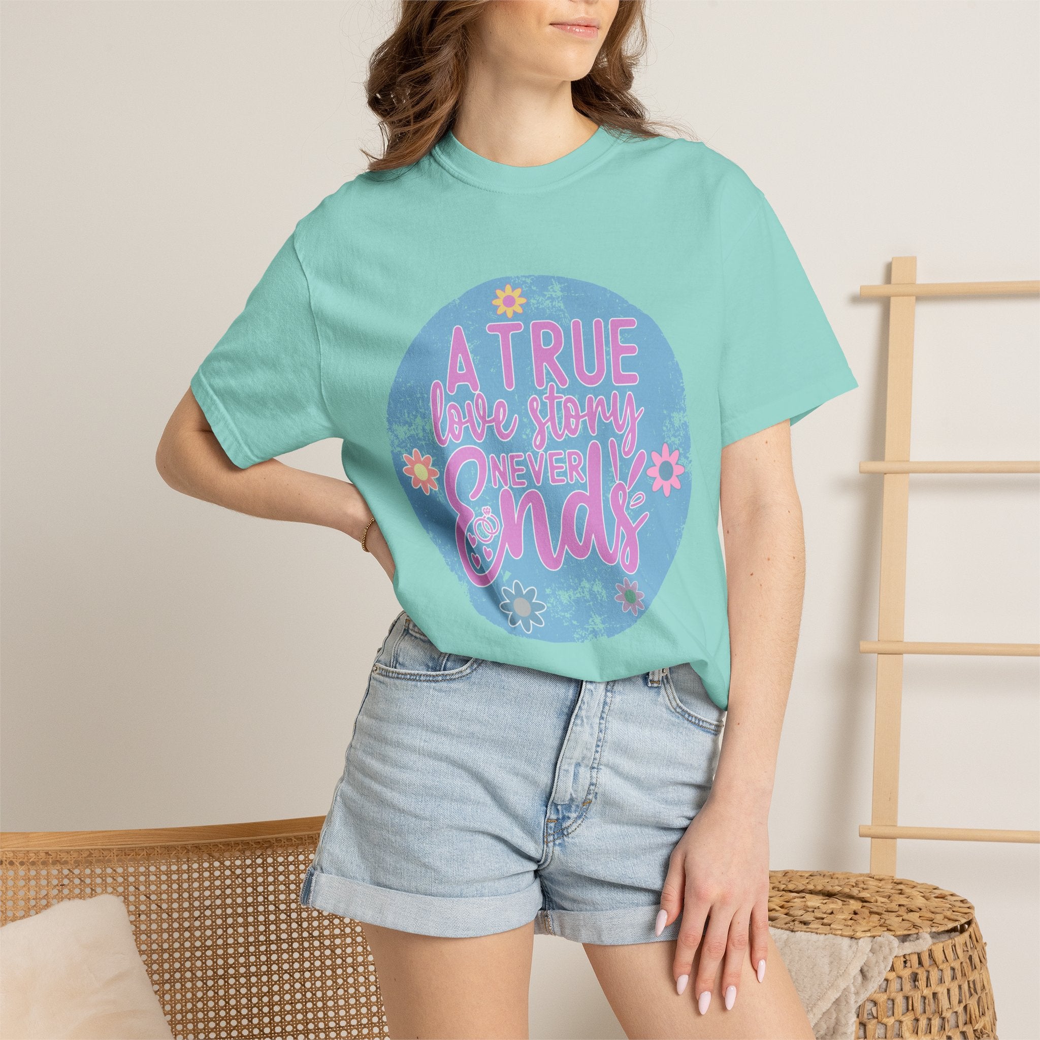 Textured T-Shirt — "A True Love Story Never Ends" Floral Graphic