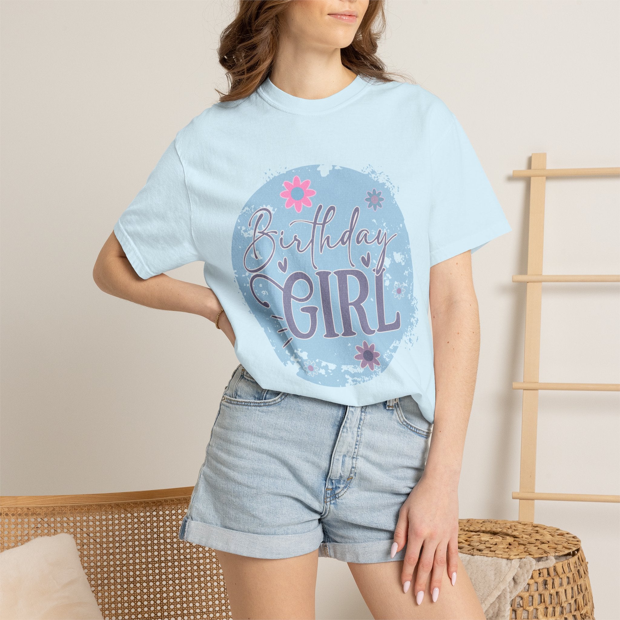 Birthday Girl Textured T-Shirt — Floral Blue Circle Graphic