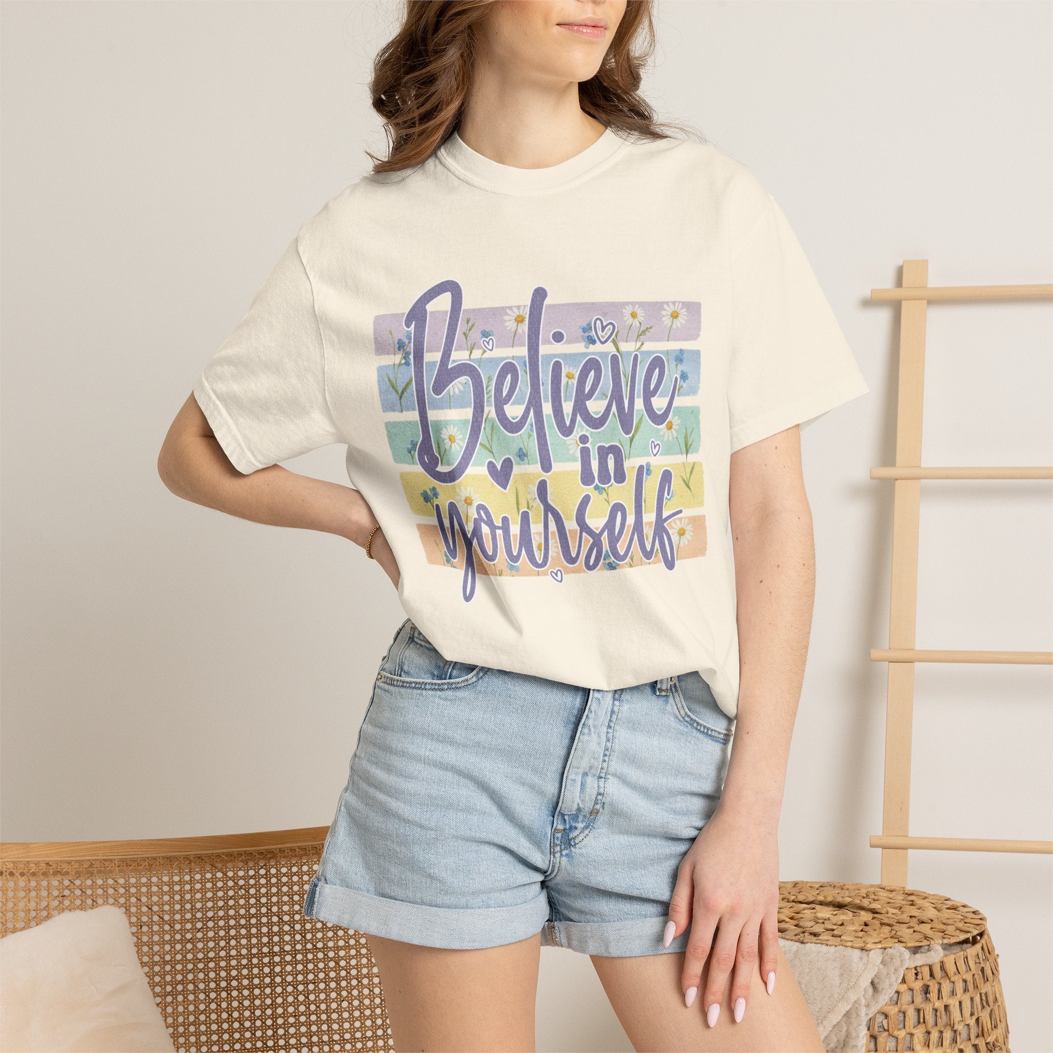 Textured Believe in Yourself T‑Shirt — Pastel Stripes Inspirational Tee