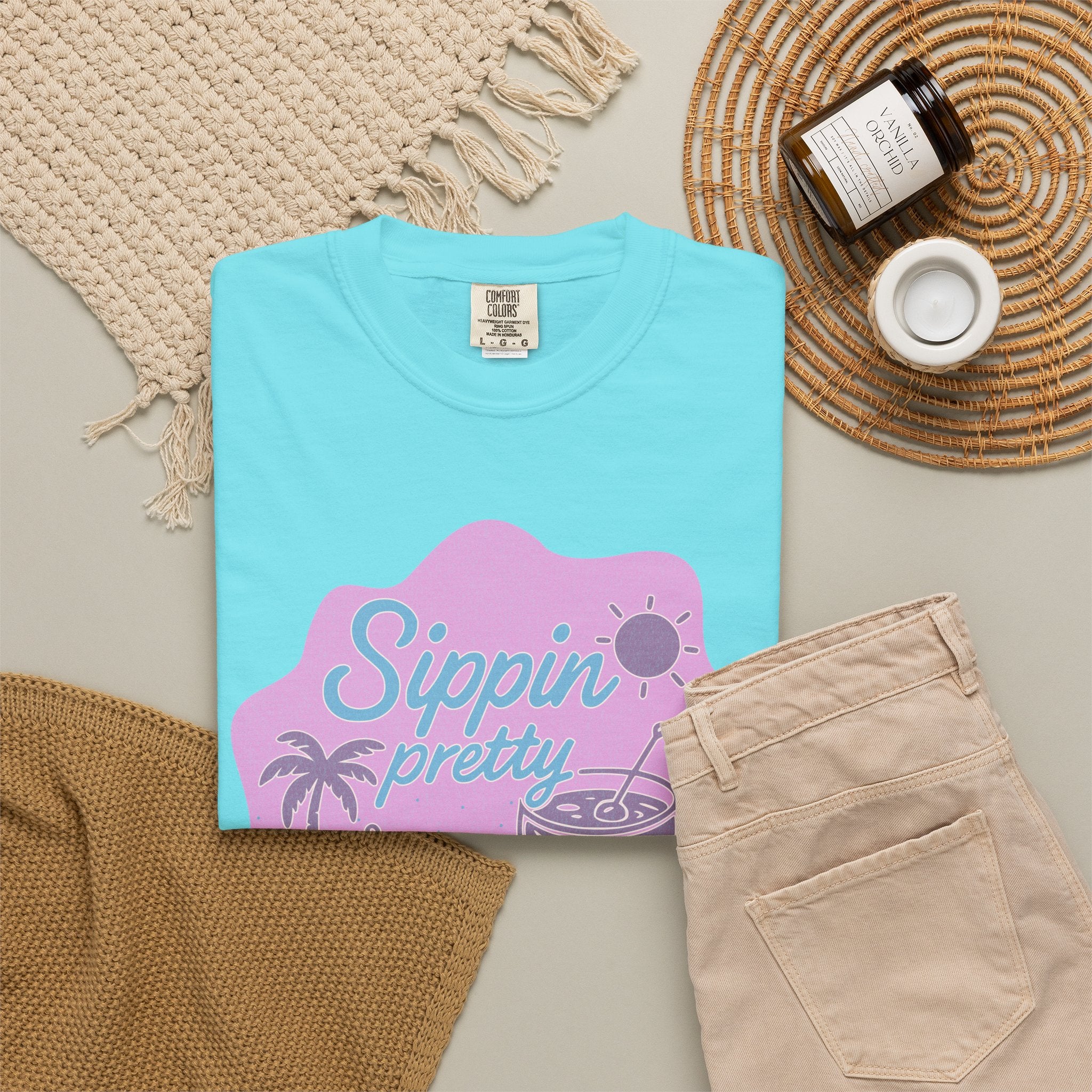 T-Shirt — "Sippin' Pretty" Tropical Cocktail Textured Graphic Tee