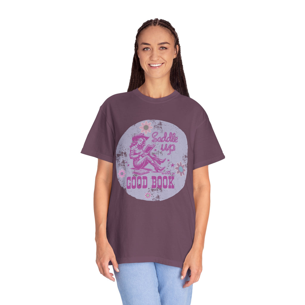 Textured T-Shirt — “Saddle Up Good Book” Retro Western Graphic Tee