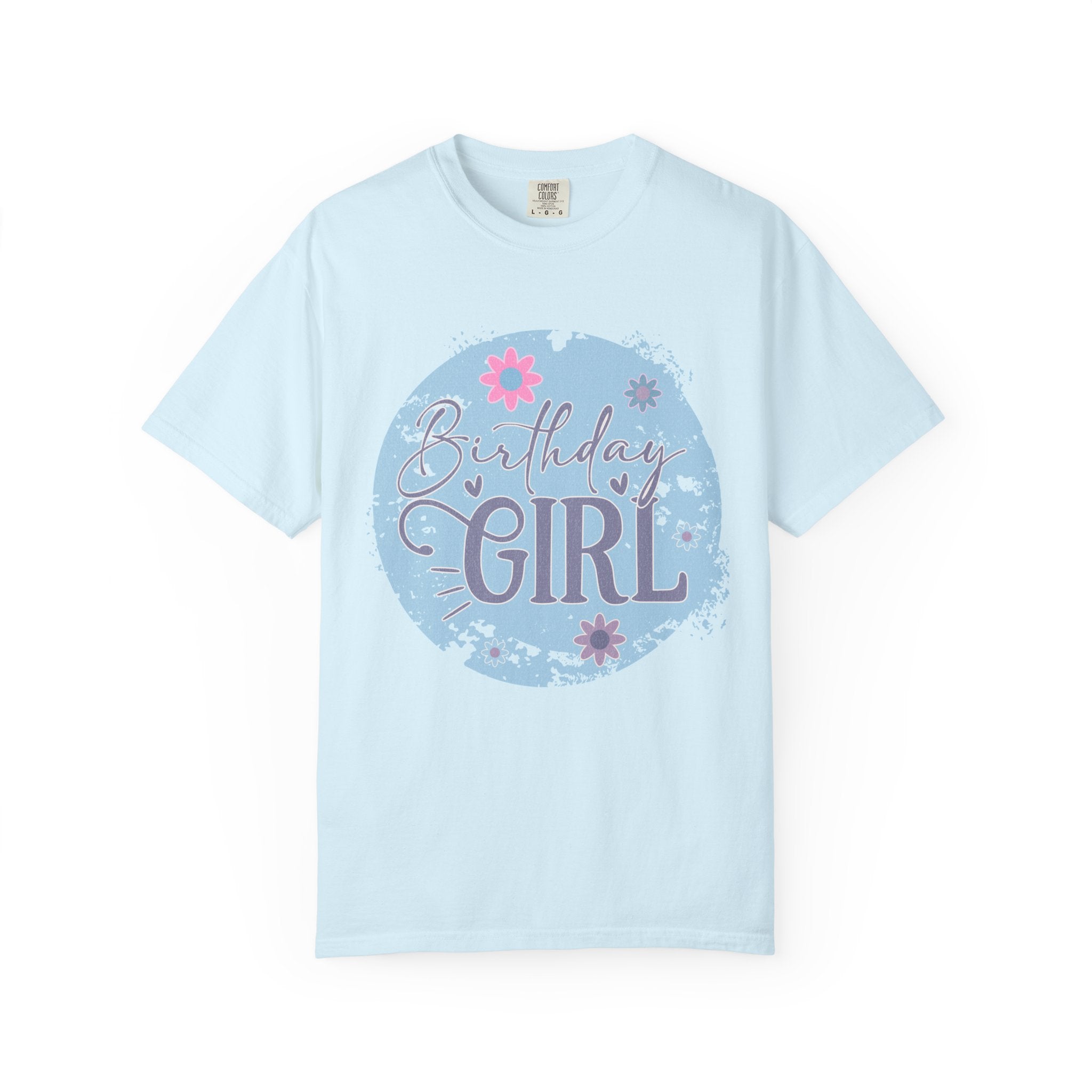 Birthday Girl Textured T-Shirt — Floral Blue Circle Graphic