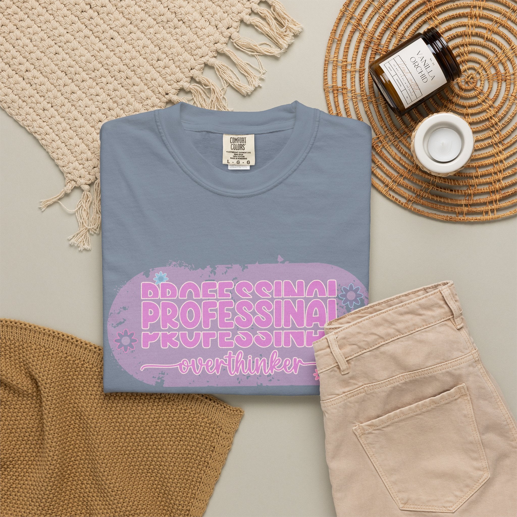 Professional Overthinker  Floral Textured T-Shirt — Retro Pink Graphic Tee
