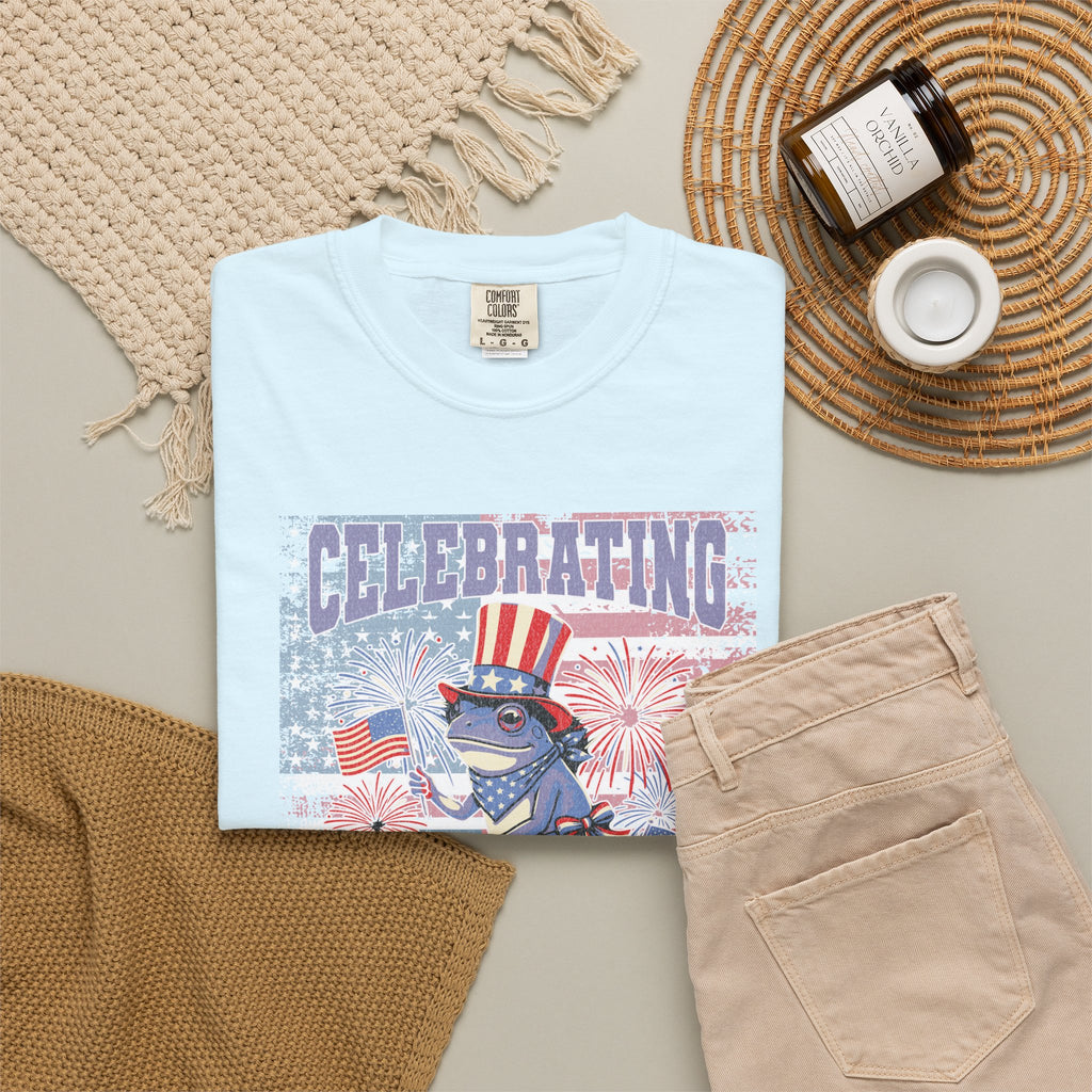 Textured Independence Day Patriotic T-Shirt — "Celebrating 250 Years of Independence" Bicycle Uncle Sam Design