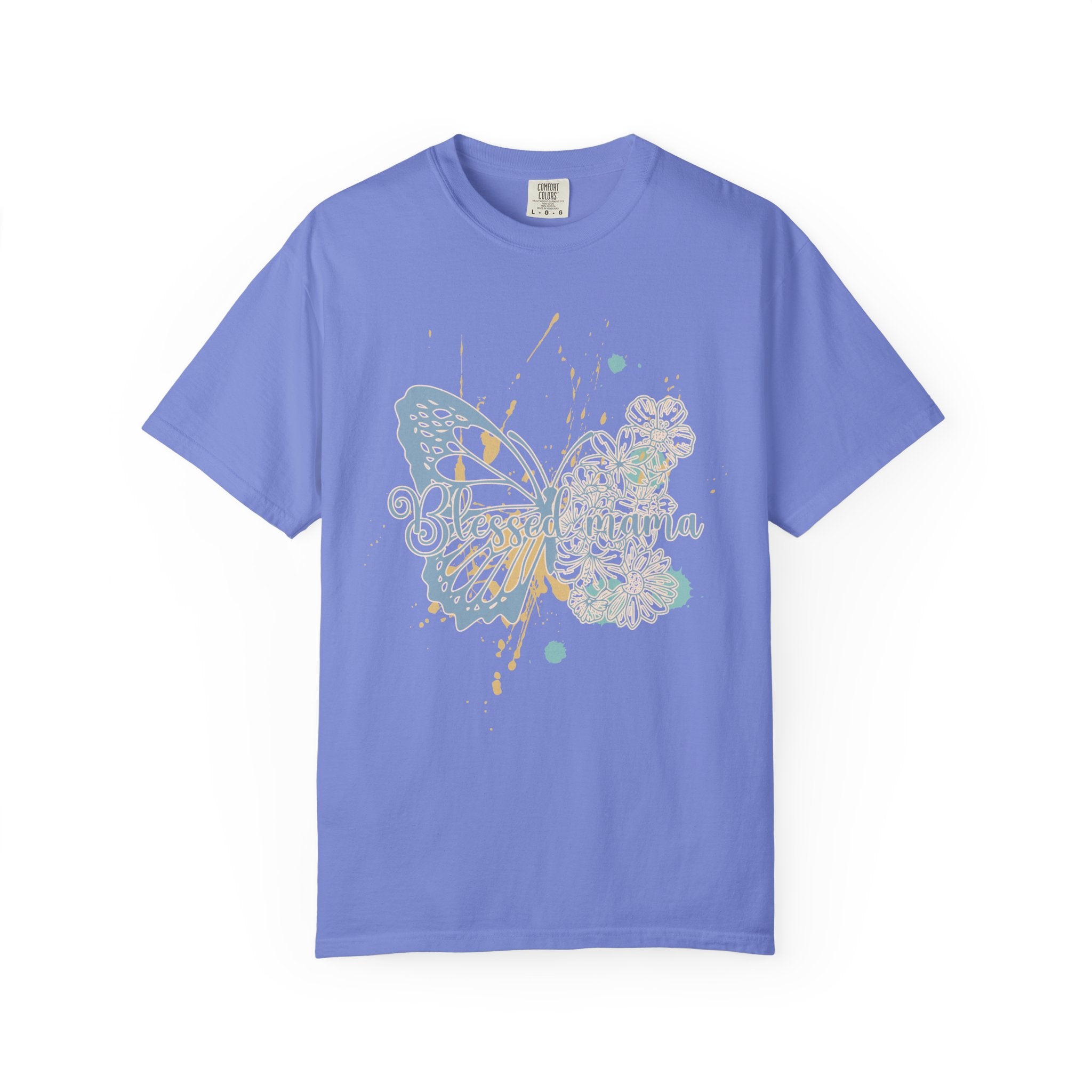 Retro Butterfly Blessed Mama Tee —Textured Serene Aqua Nature Graphic