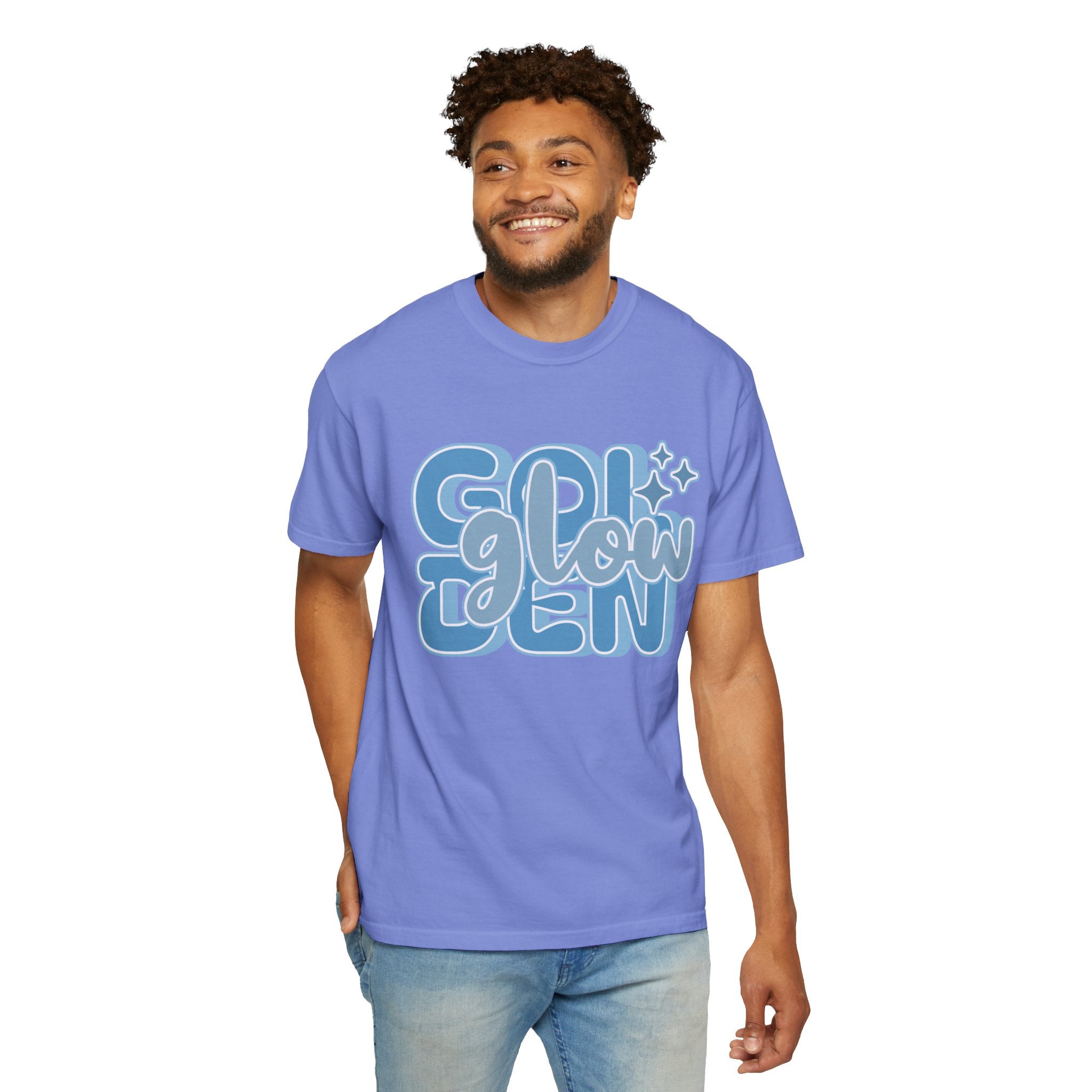 Golden Glow Textured  T‑Shirt — Retro Blue Script Graphic Tee