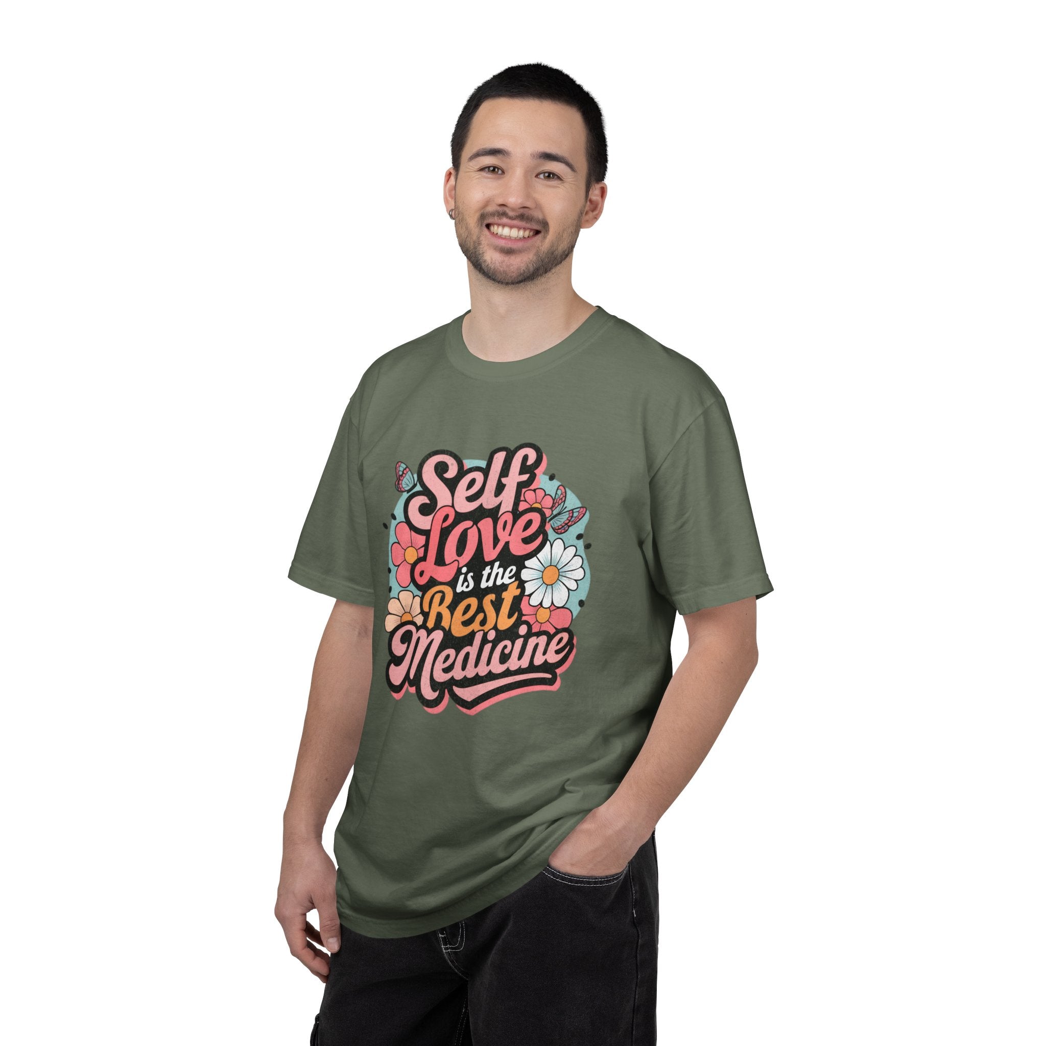 Self Love is the Best Medicine T-Shirt |Textured Floral Script Mental Health Design