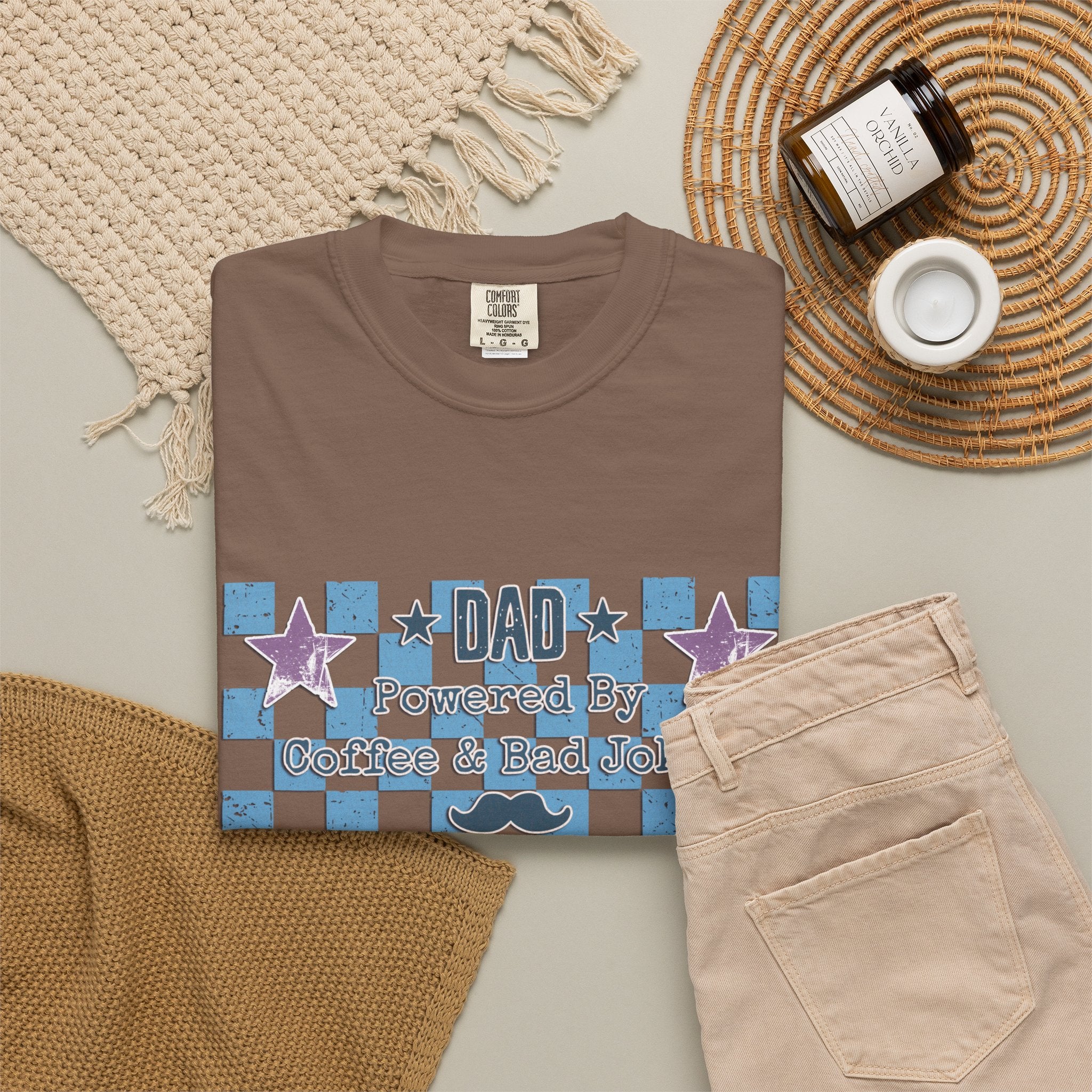 Textured Dad Powered By Coffee & Chaos T-Shirt — Retro Checkered Father's Day Tee