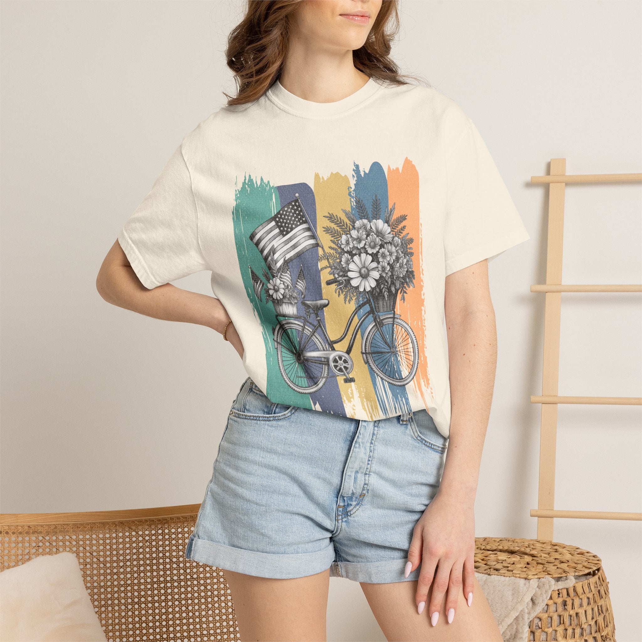 Textured Vintage Bicycle T-Shirt — Floral Basket & American Flag Graphic