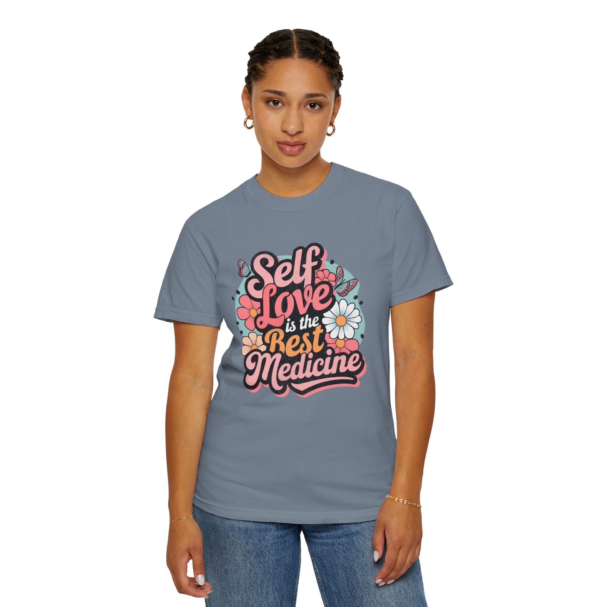 Self Love is the Best Medicine T-Shirt |Textured Floral Script Mental Health Design