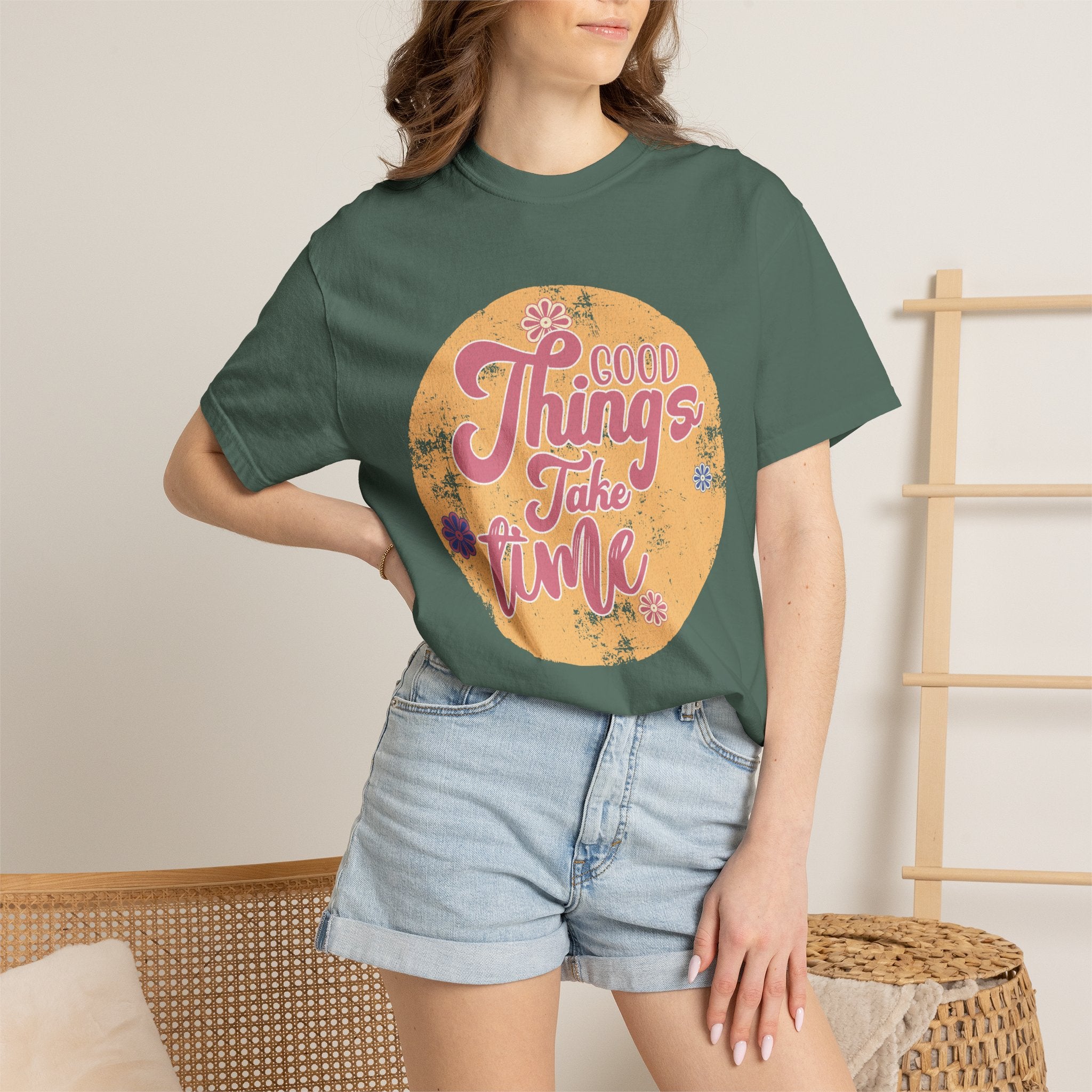 Good Things Take Time T-Shirt | Textured Retro Script Floral Graphic