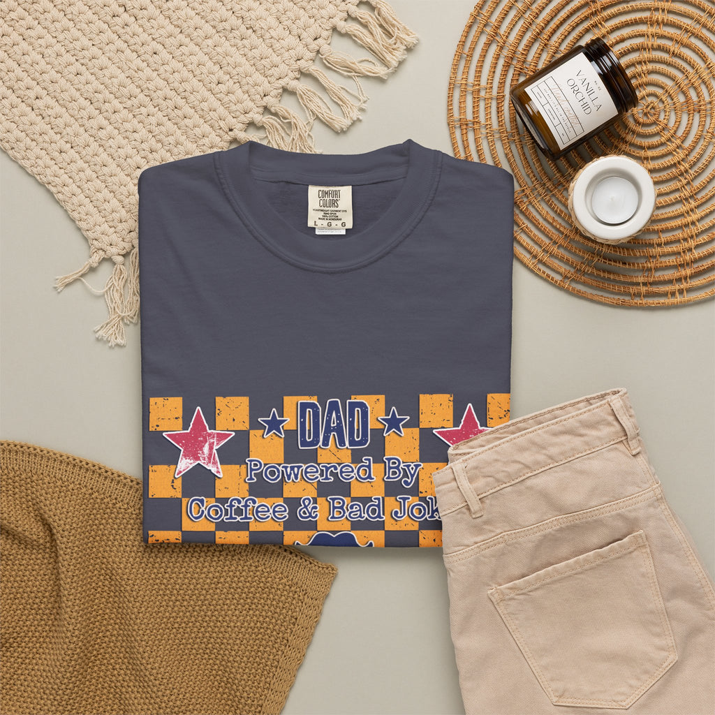 Dad Textured T-Shirt — "Powered by Coffee & Bad Jokes" Retro Checker Fathers Day Tee