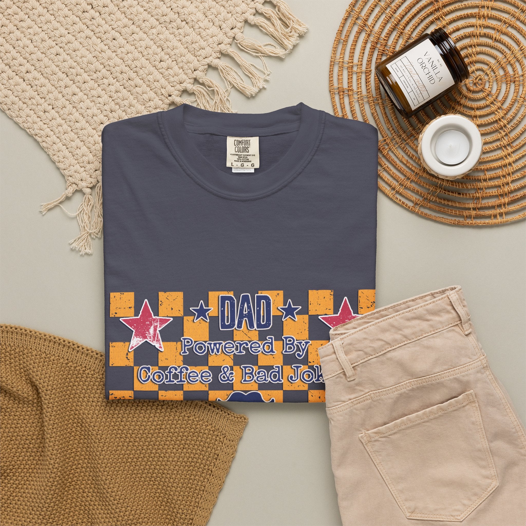 Dad Textured T-Shirt — "Powered by Coffee & Bad Jokes" Retro Checker Fathers Day Tee