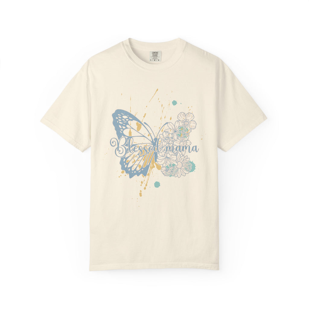 Retro Butterfly Blessed Mama Tee —Textured Serene Aqua Nature Graphic