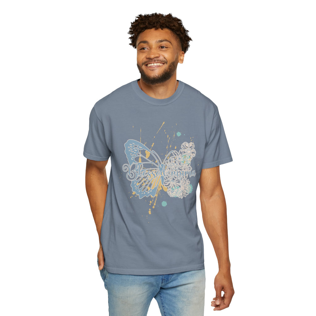 Retro Butterfly Blessed Mama Tee —Textured Serene Aqua Nature Graphic