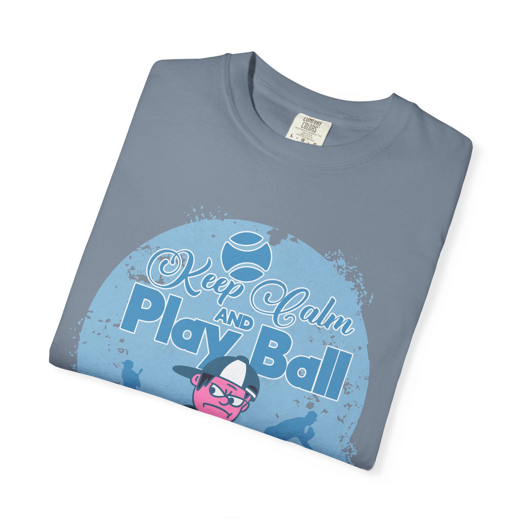 Textured Keep Calm and Play Ball Baseball T-Shirt — Cute Mascot Sports Tee for Kids & Fans