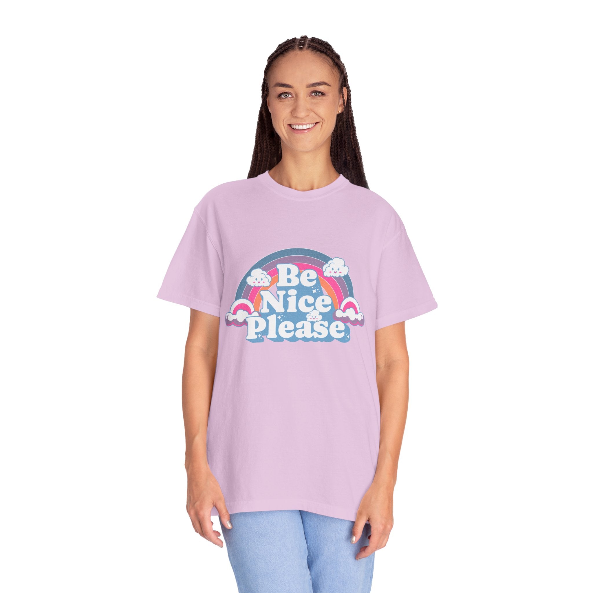 Be Nice Please Textured T-Shirt — Retro Rainbow Positive Message Tee