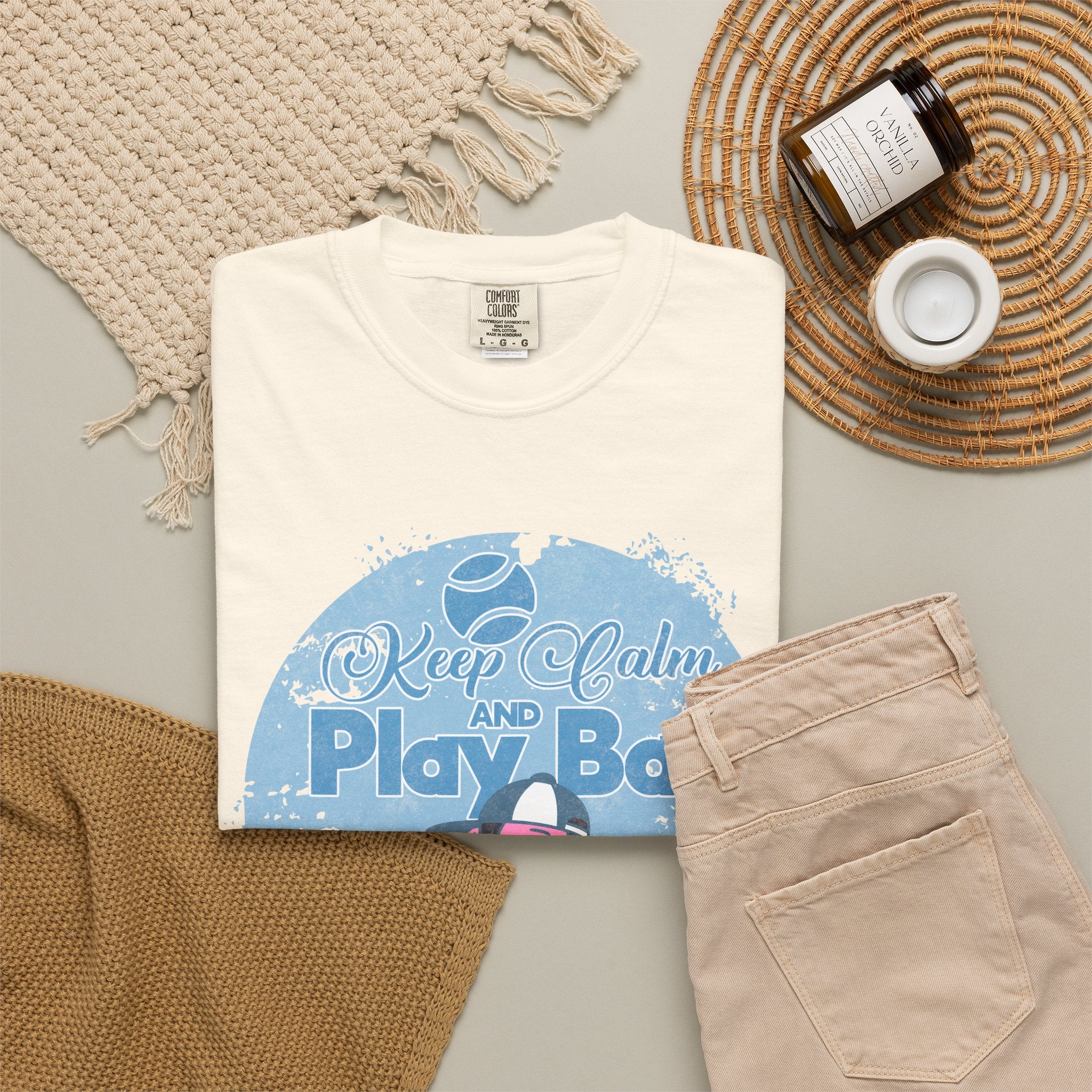 Textured Keep Calm and Play Ball Baseball T-Shirt — Cute Mascot Sports Tee for Kids & Fans