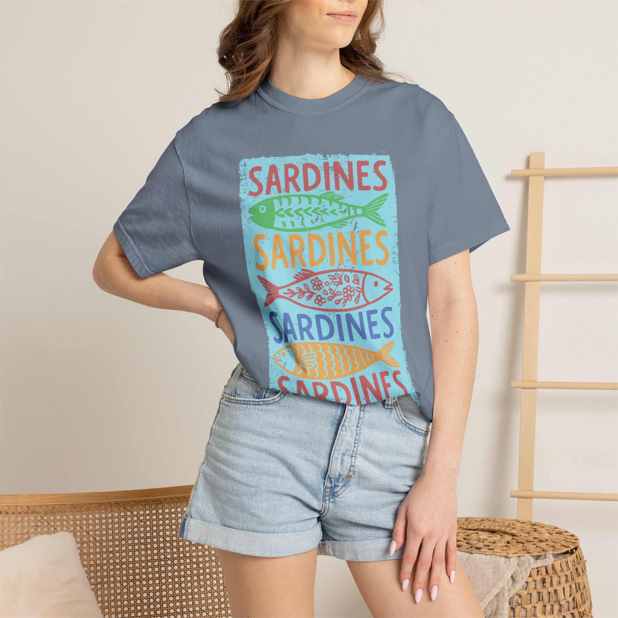 Sardines Colorblock Graphic Textured T-Shirt — Retro Coastal Fish Tee