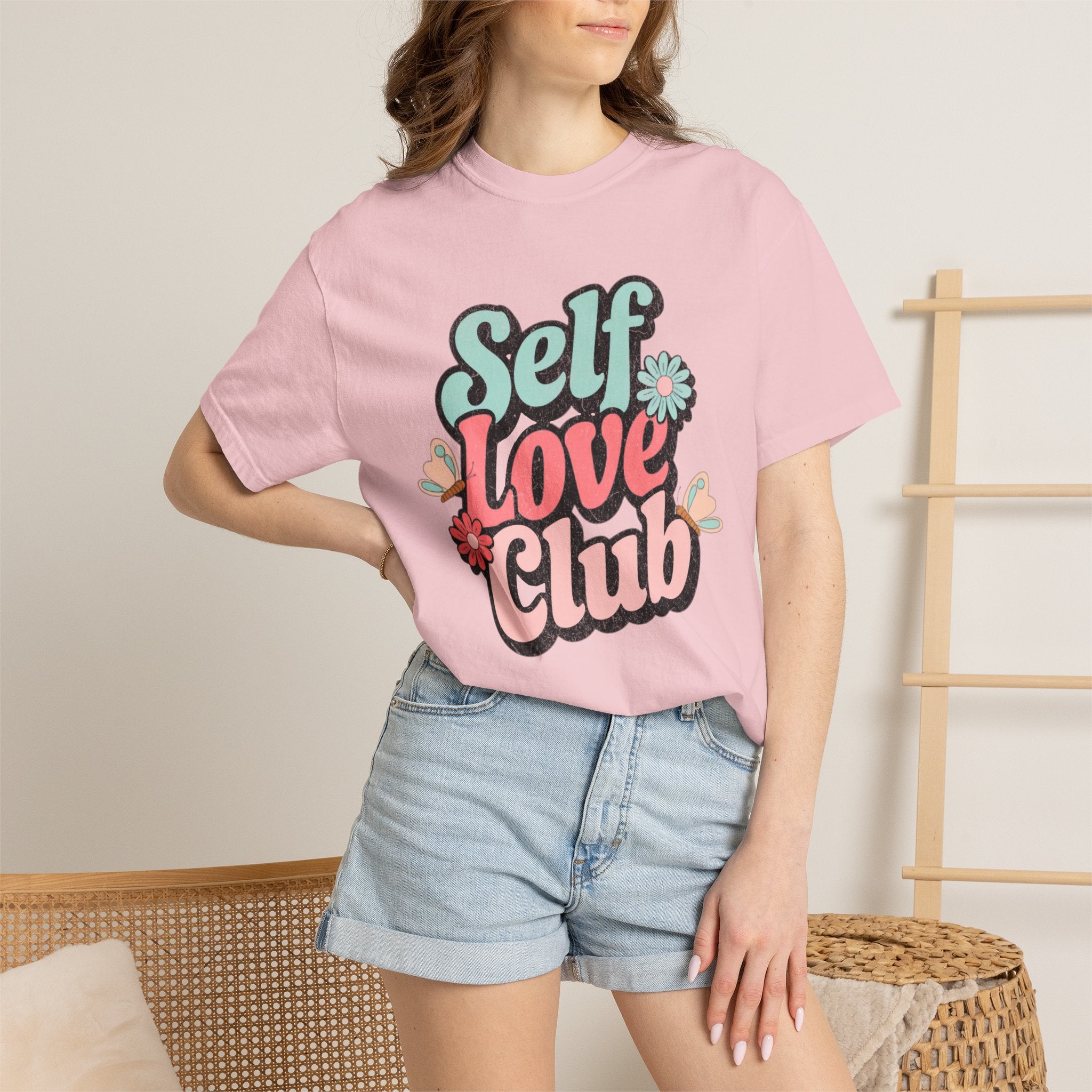 Self Love Club T-shirt | Textured Retro Floral Typography, Pastel 70s Vibe