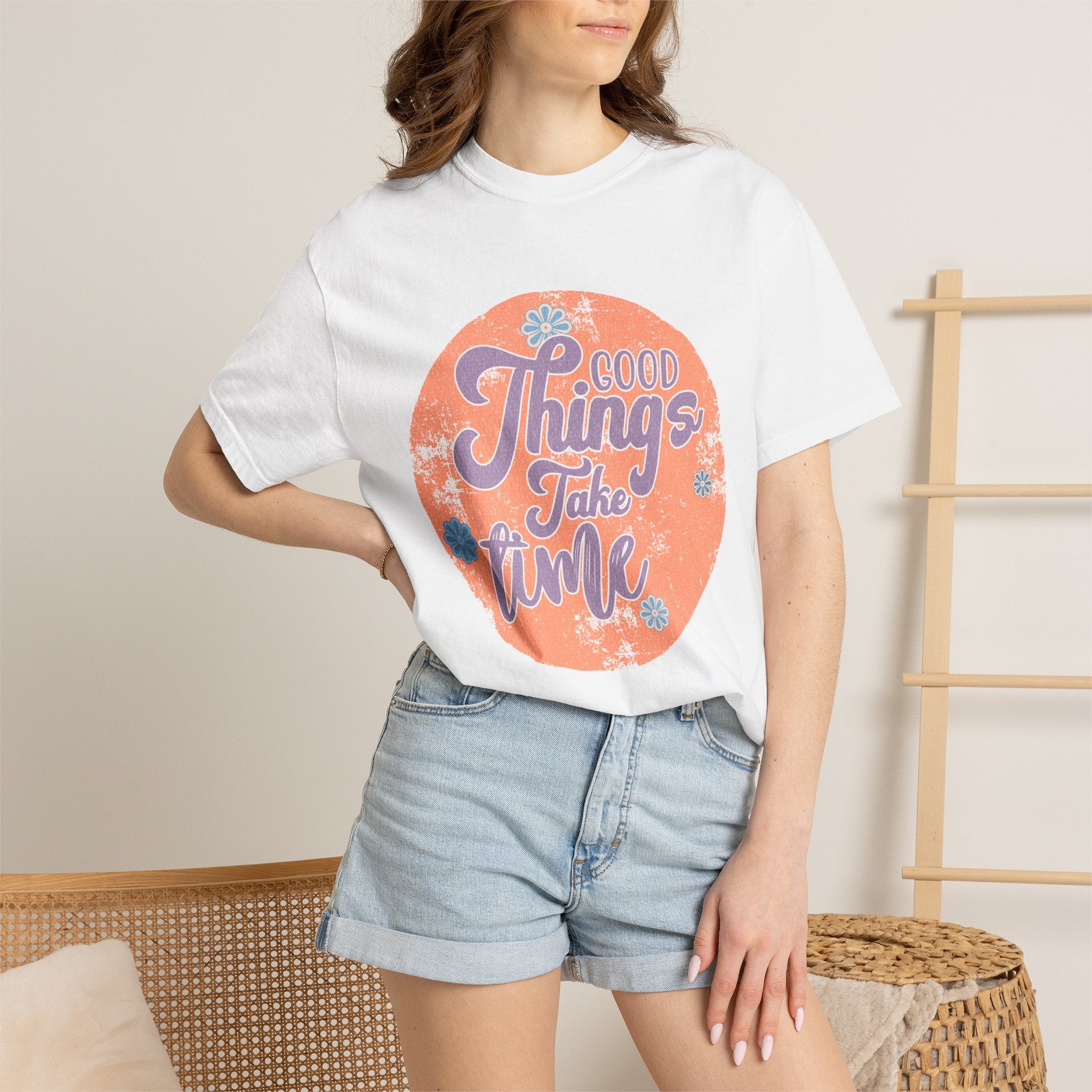 Good Things Take Time T-shirt | Textured Retro Script Circle Design