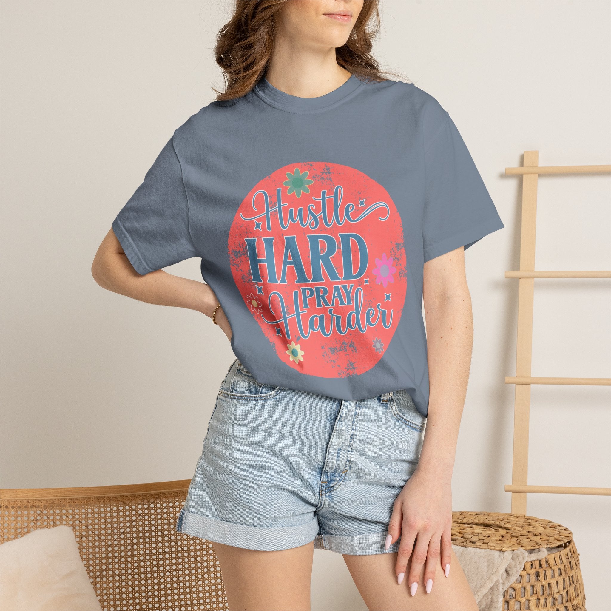 Textured Hustle Hard Pray Harder Tee — Inspirational Floral Graphic T-Shirt