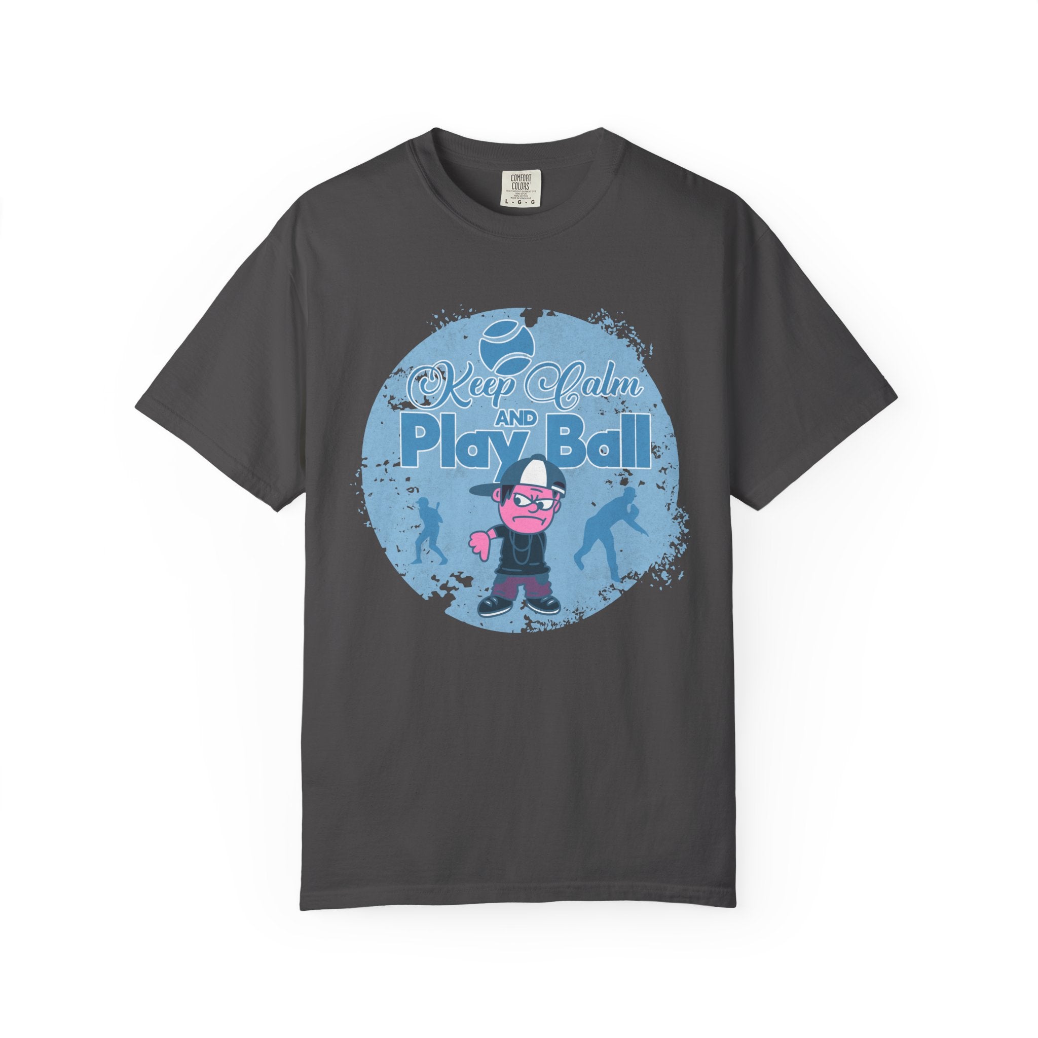 Textured Keep Calm and Play Ball Baseball T-Shirt — Cute Mascot Sports Tee for Kids & Fans