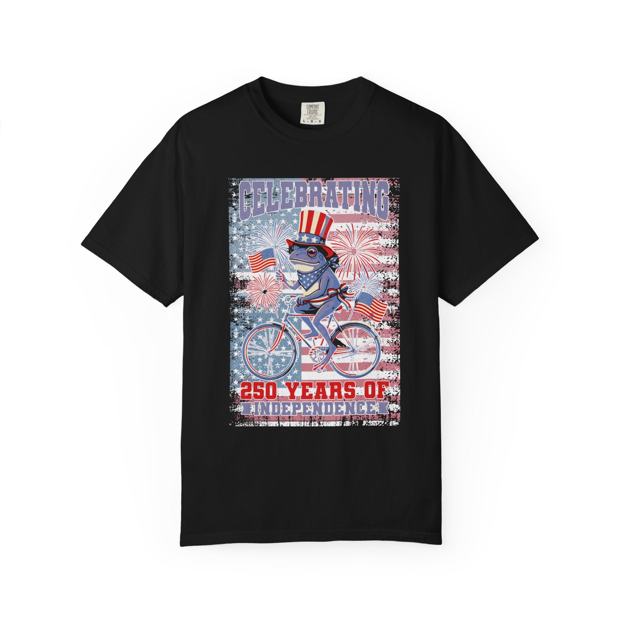 Textured Independence Day Patriotic T-Shirt — "Celebrating 250 Years of Independence" Bicycle Uncle Sam Design