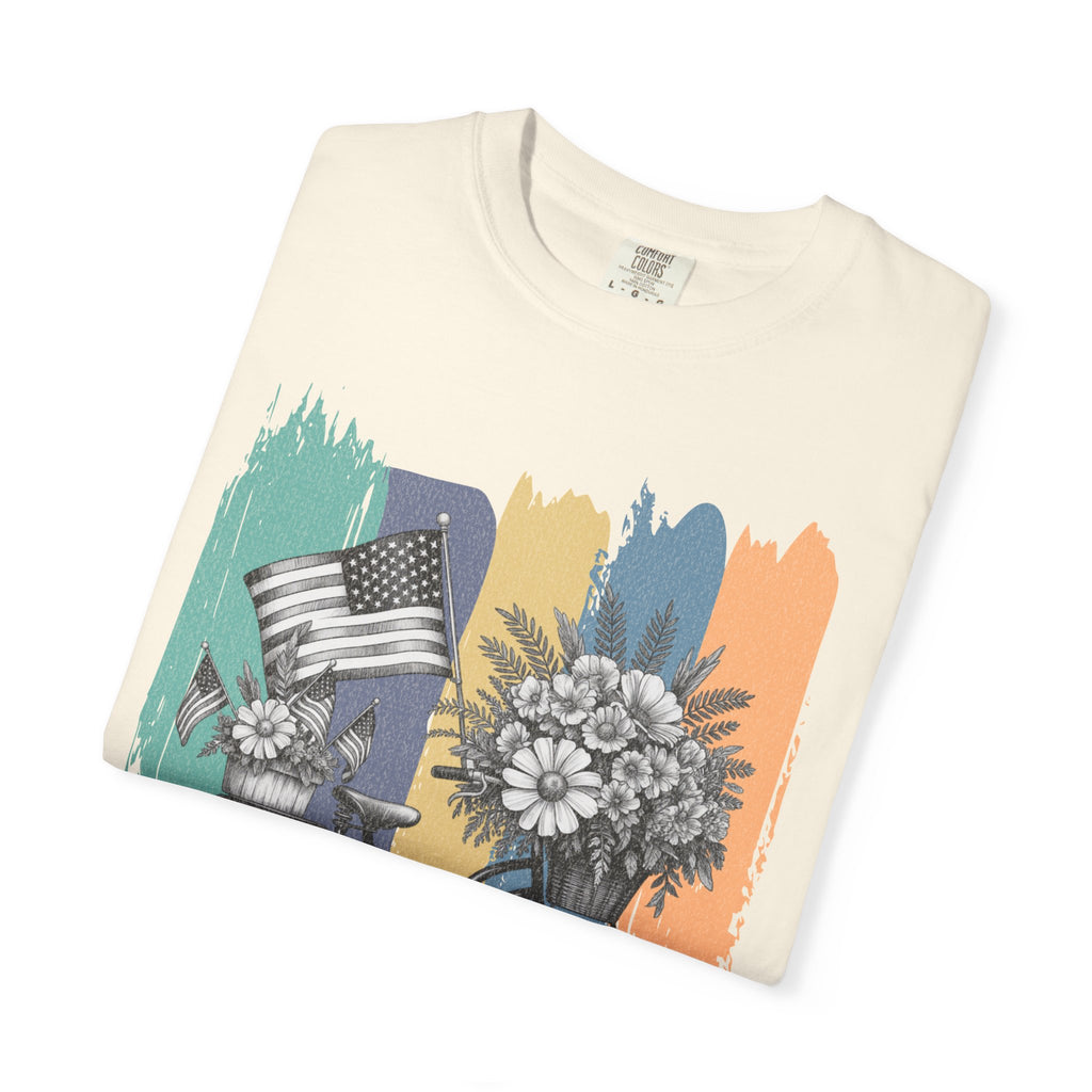 Textured Vintage Bicycle Bouquet T-Shirt — Americana Floral Bike Tee