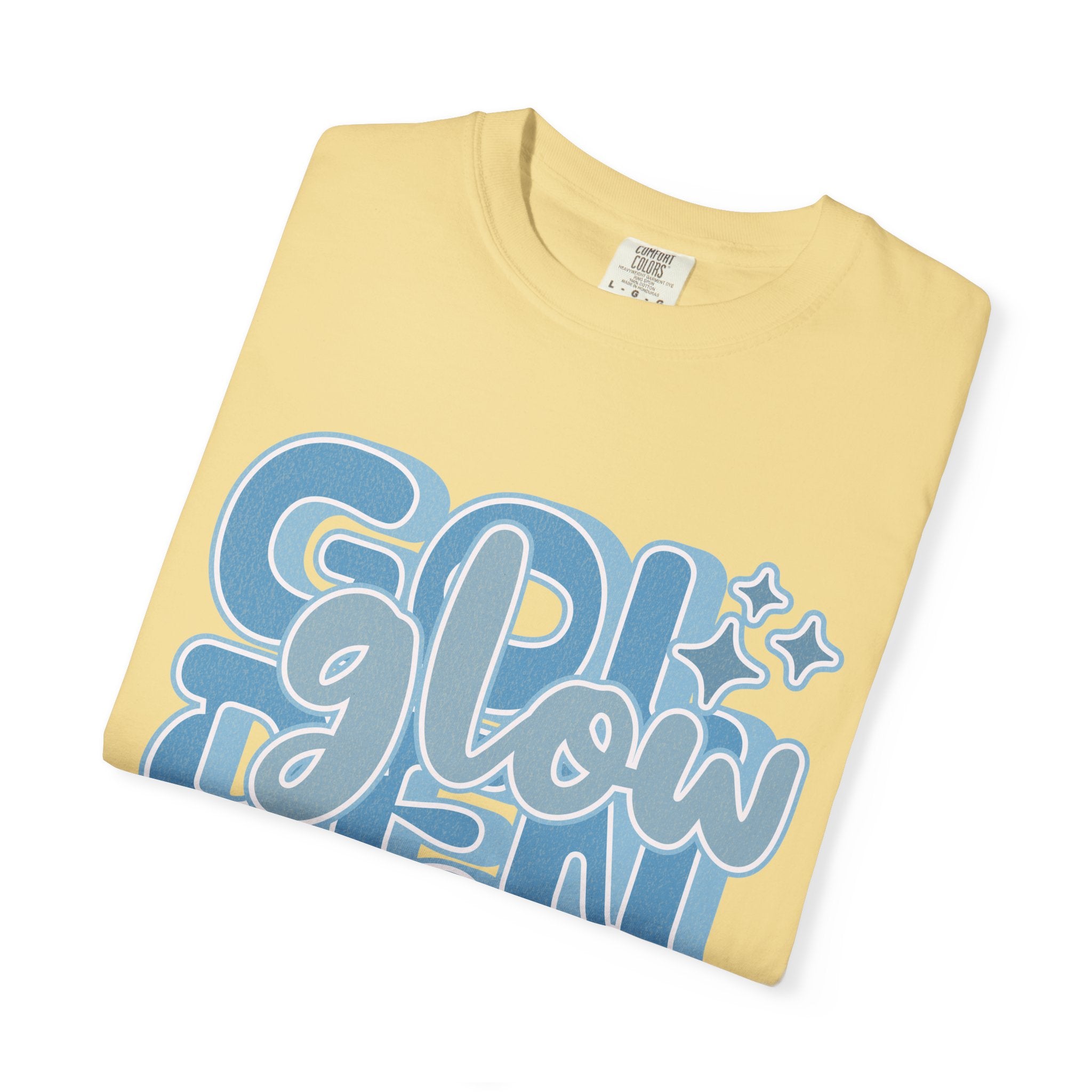 Golden Glow Textured  T‑Shirt — Retro Blue Script Graphic Tee