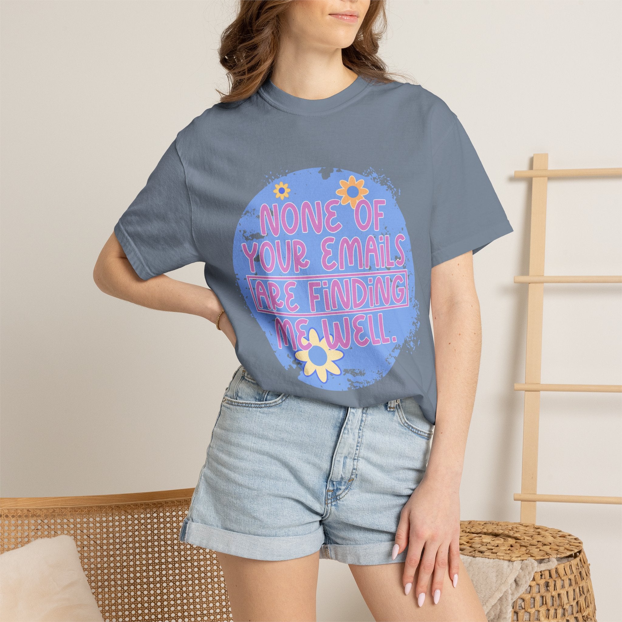Textured T-Shirt — "None Of Your Emails Are Finding Me" Retro Floral Graphic Tee