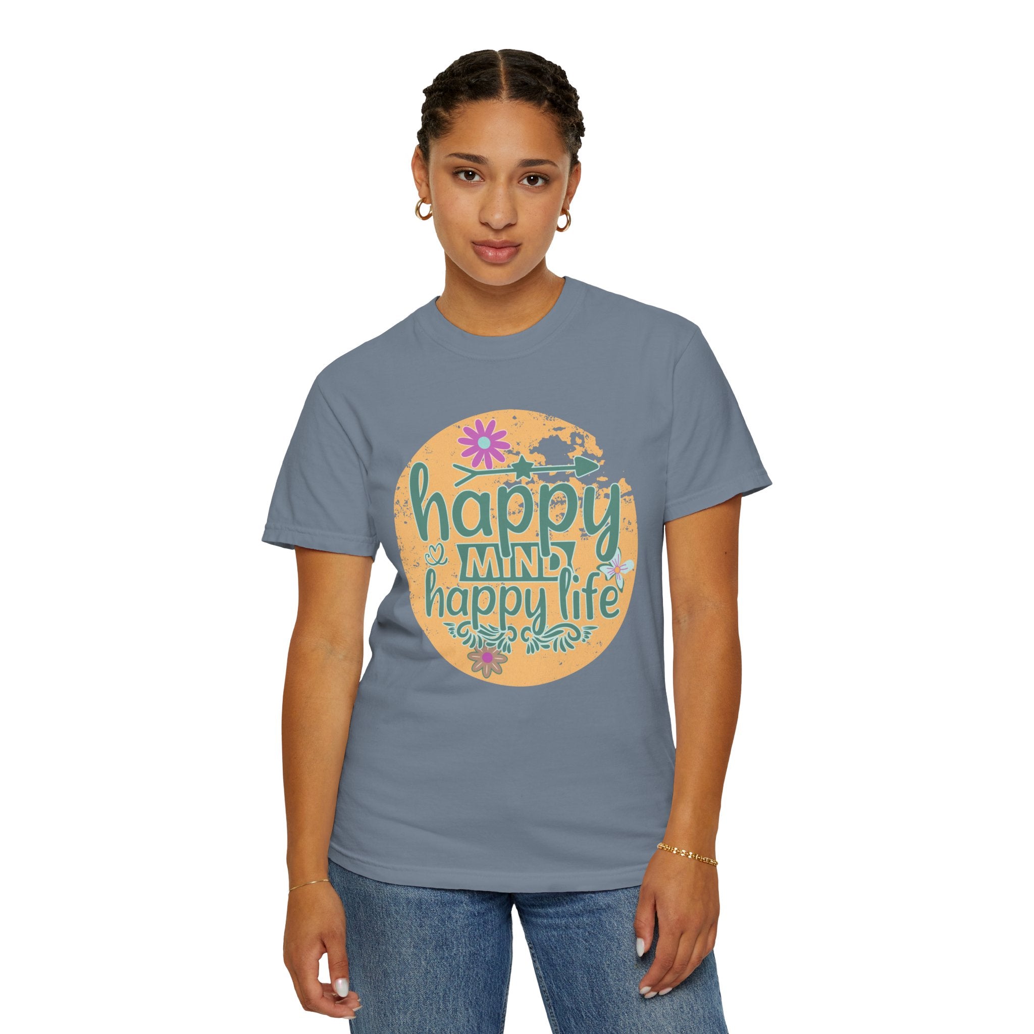 Happy Mind Happy Life Textured T-Shirt — Positive Vibes Floral Graphic Tee