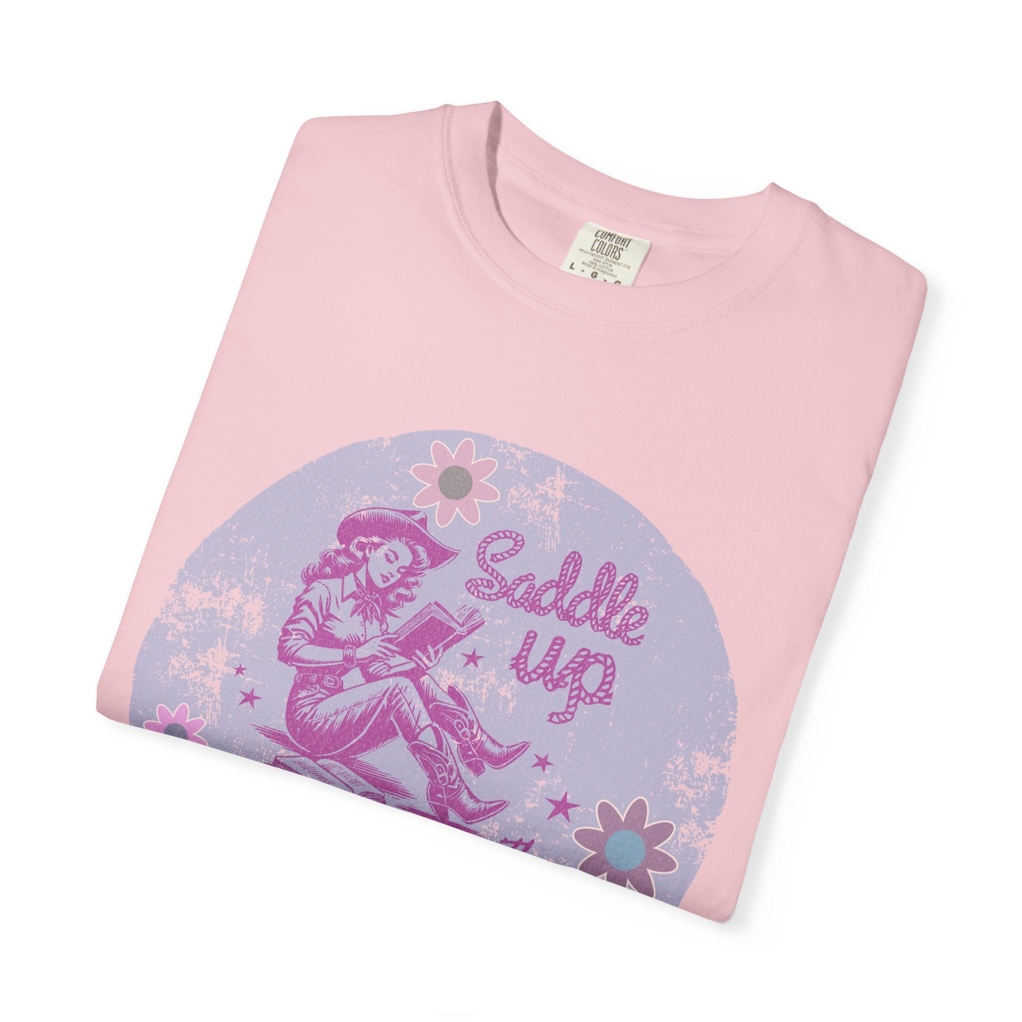 Textured T-Shirt — “Saddle Up Good Book” Retro Western Graphic Tee