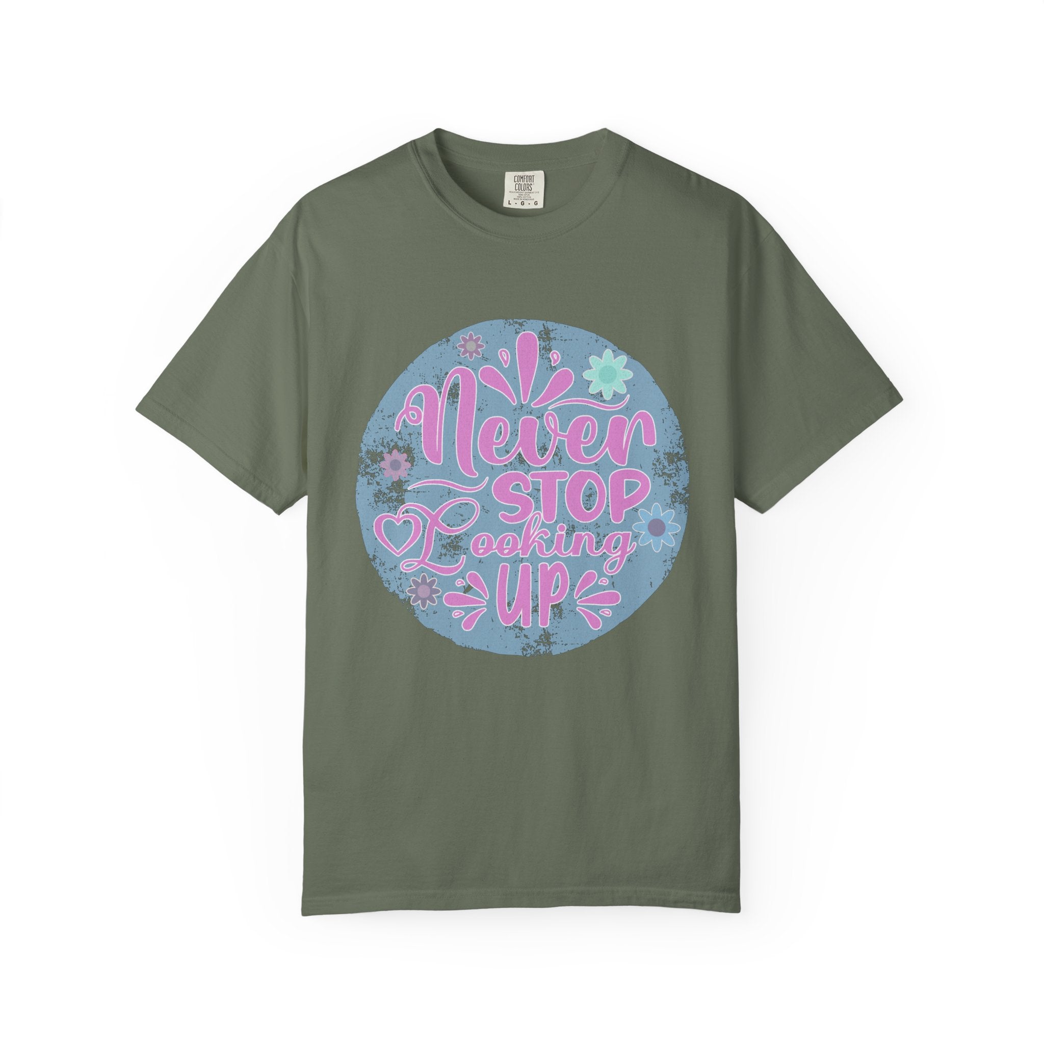 Textured T-Shirt — "Never Stop Looking Up" Inspirational Graphic Tee