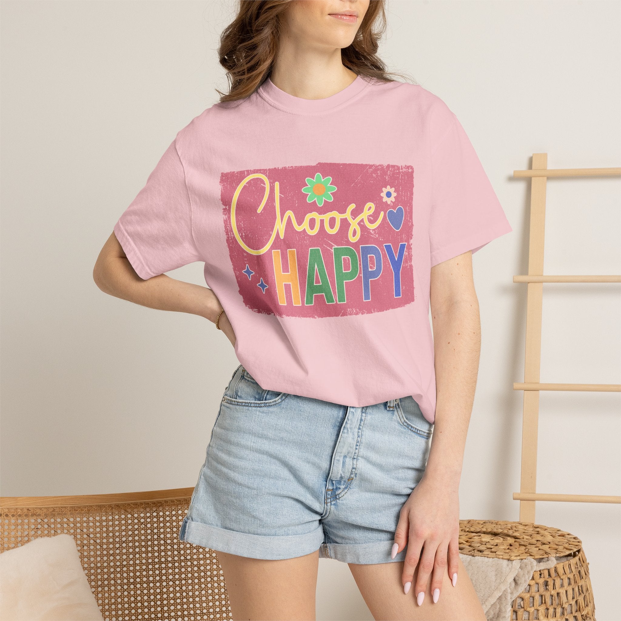 Choose Happy Textured T-Shirt – Retro Floral Positive Vibes Tee