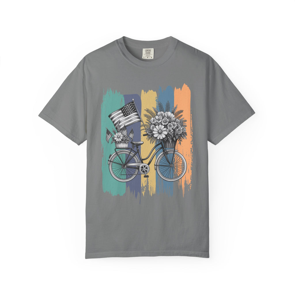Textured Vintage Bicycle T-Shirt — Floral Basket & American Flag Graphic