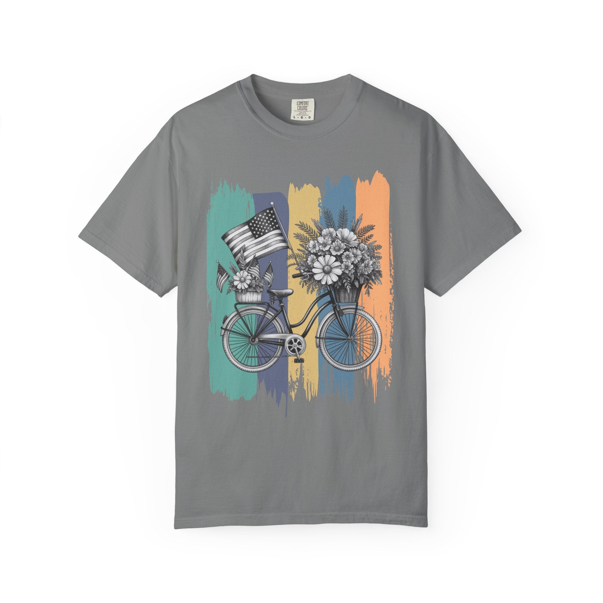 Textured Vintage Bicycle T-Shirt — Floral Basket & American Flag Graphic
