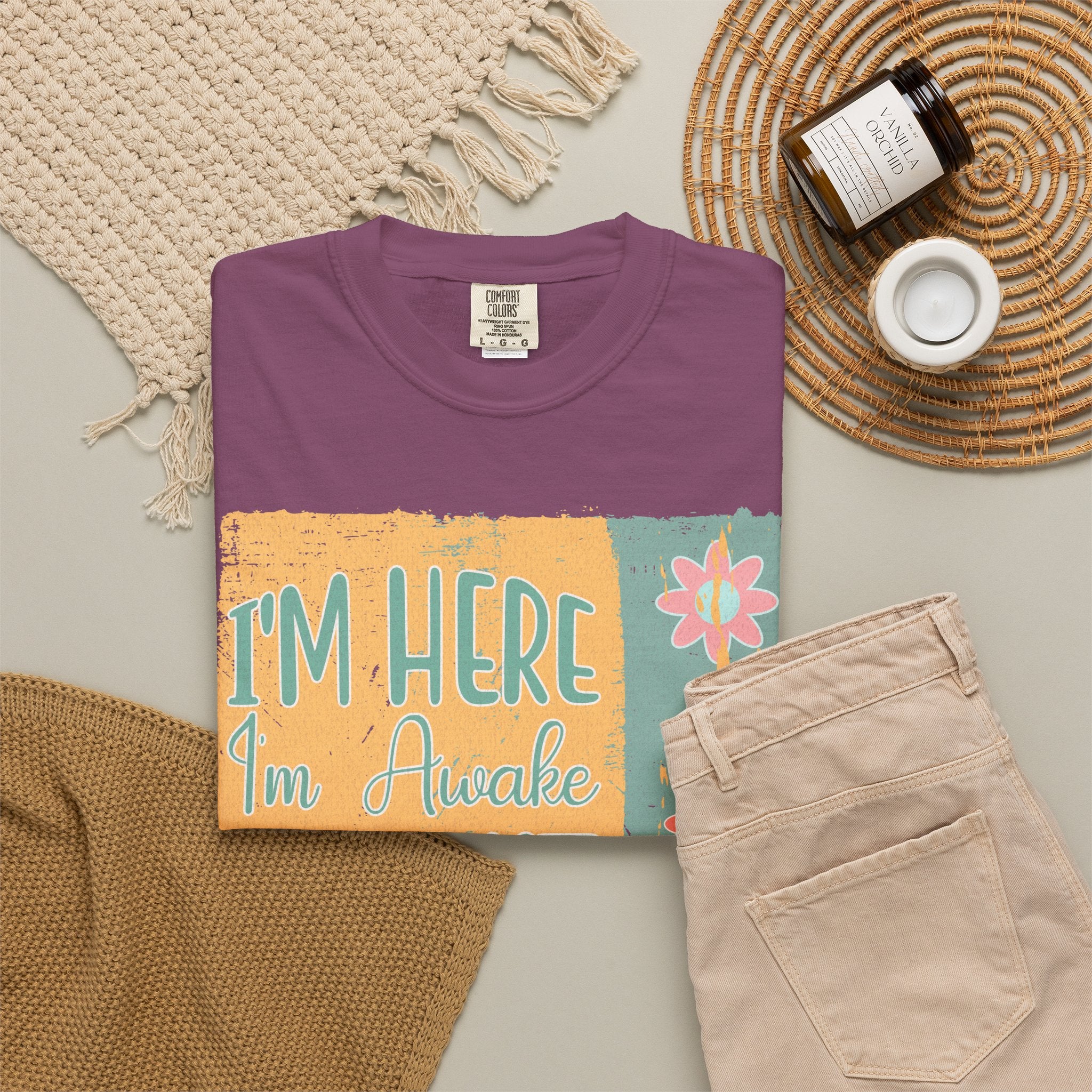 I'm Here, I'm Awake Don’t Push It Textured T-Shirt — Funny Morning Graphic Tee