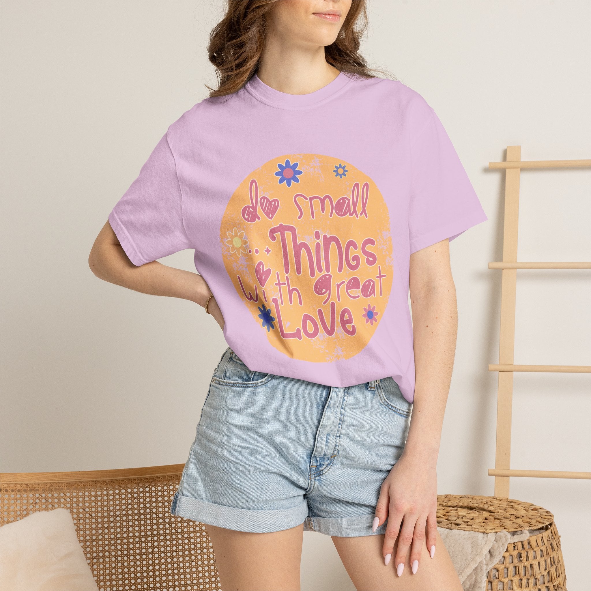 Textured Inspirational Tee — "Do Small Things With Great Love" Floral Graphic