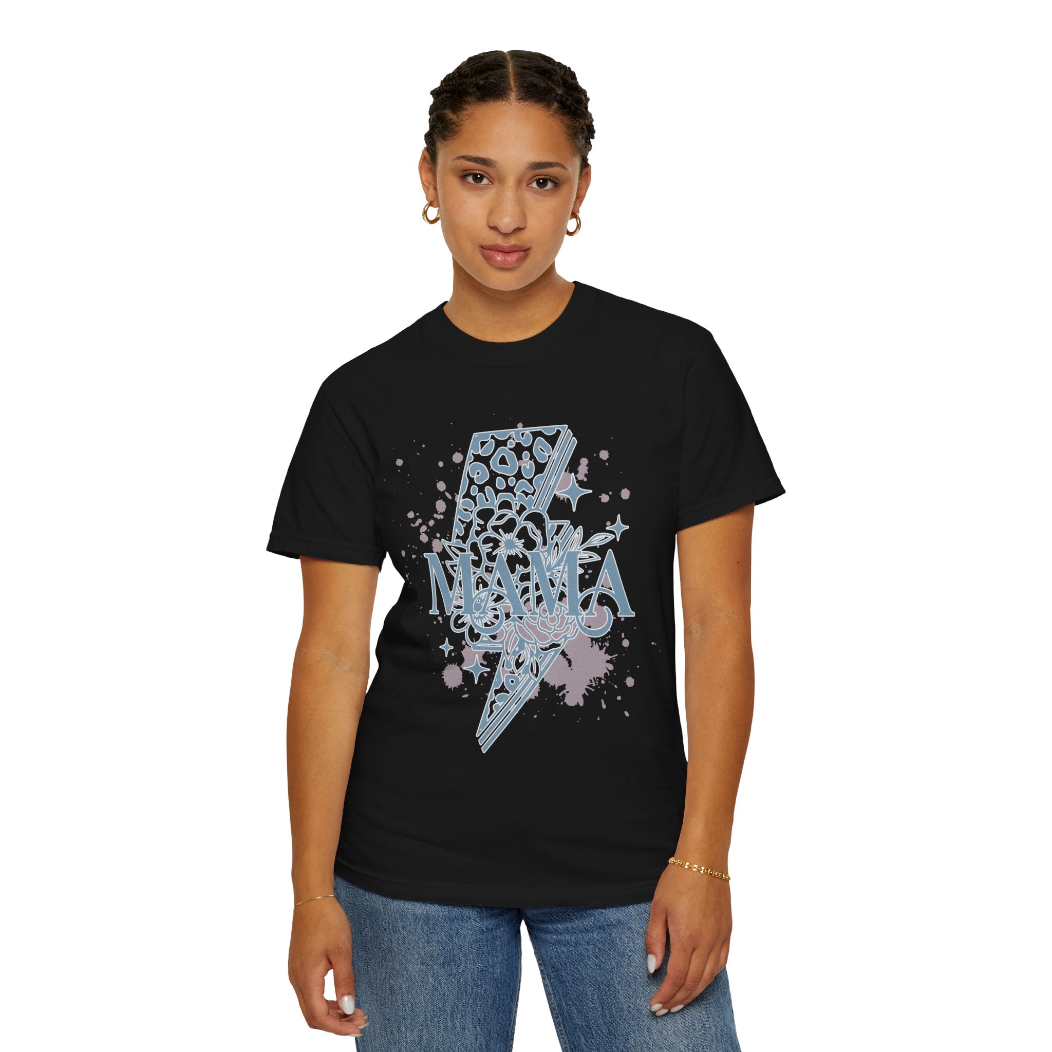 Mama Lightning Bolt Textured Graphic Tee — Floral Leopard Rocker Mom T-Shirt