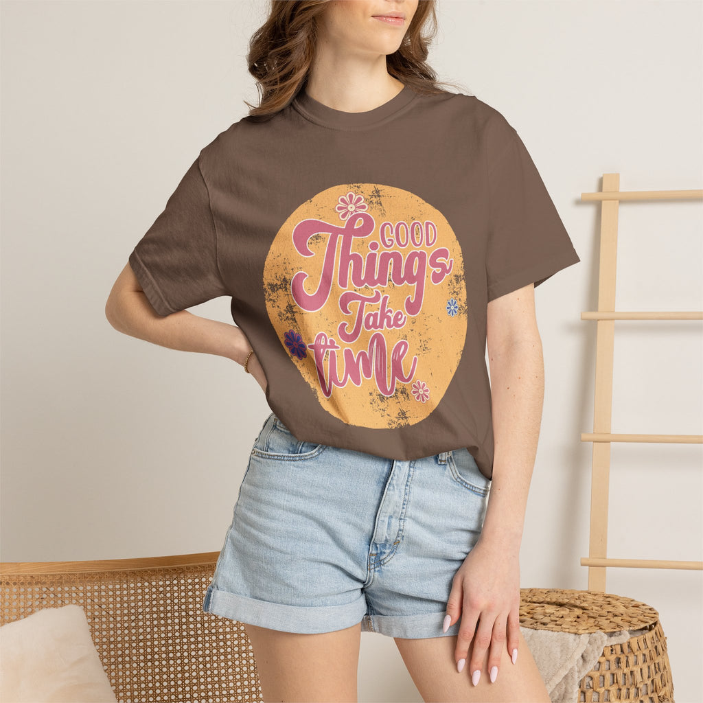 Good Things Take Time T-Shirt | Textured Retro Script Floral Graphic