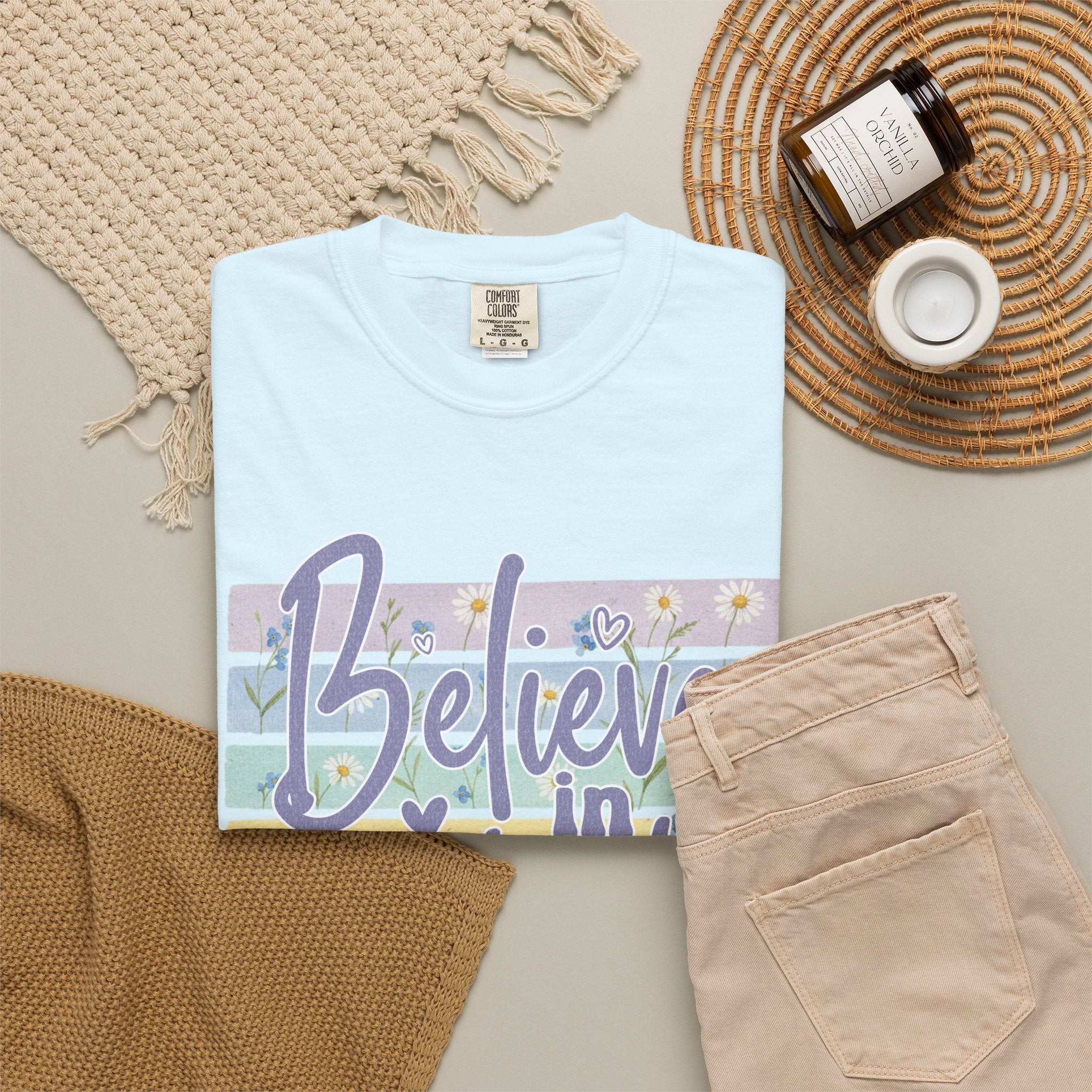 Textured Believe in Yourself T‑Shirt — Pastel Stripes Inspirational Tee