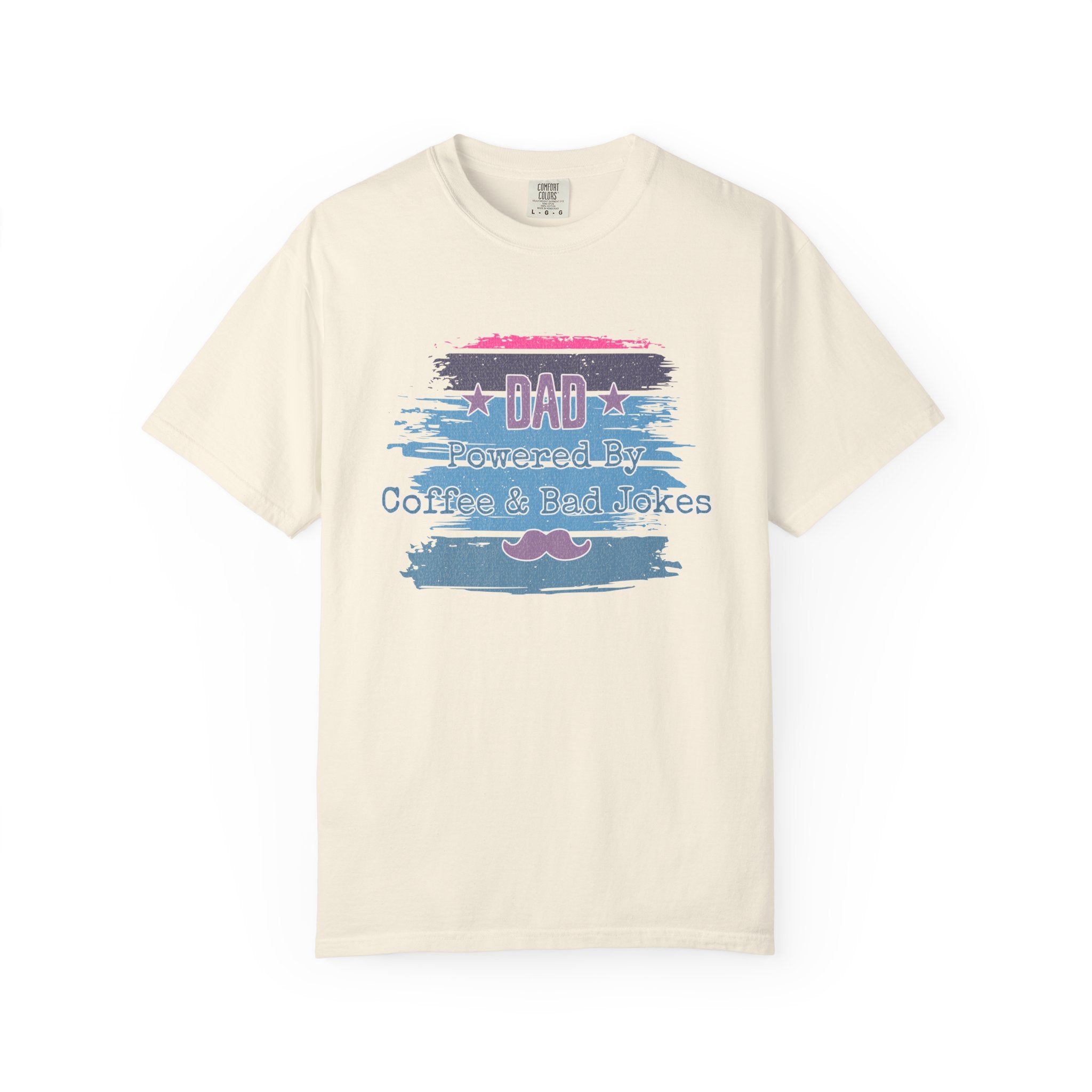 Textured Dad T-Shirt - "Powered By Coffee & Bad Jokes" Vintage Stripe Father's Day Tee