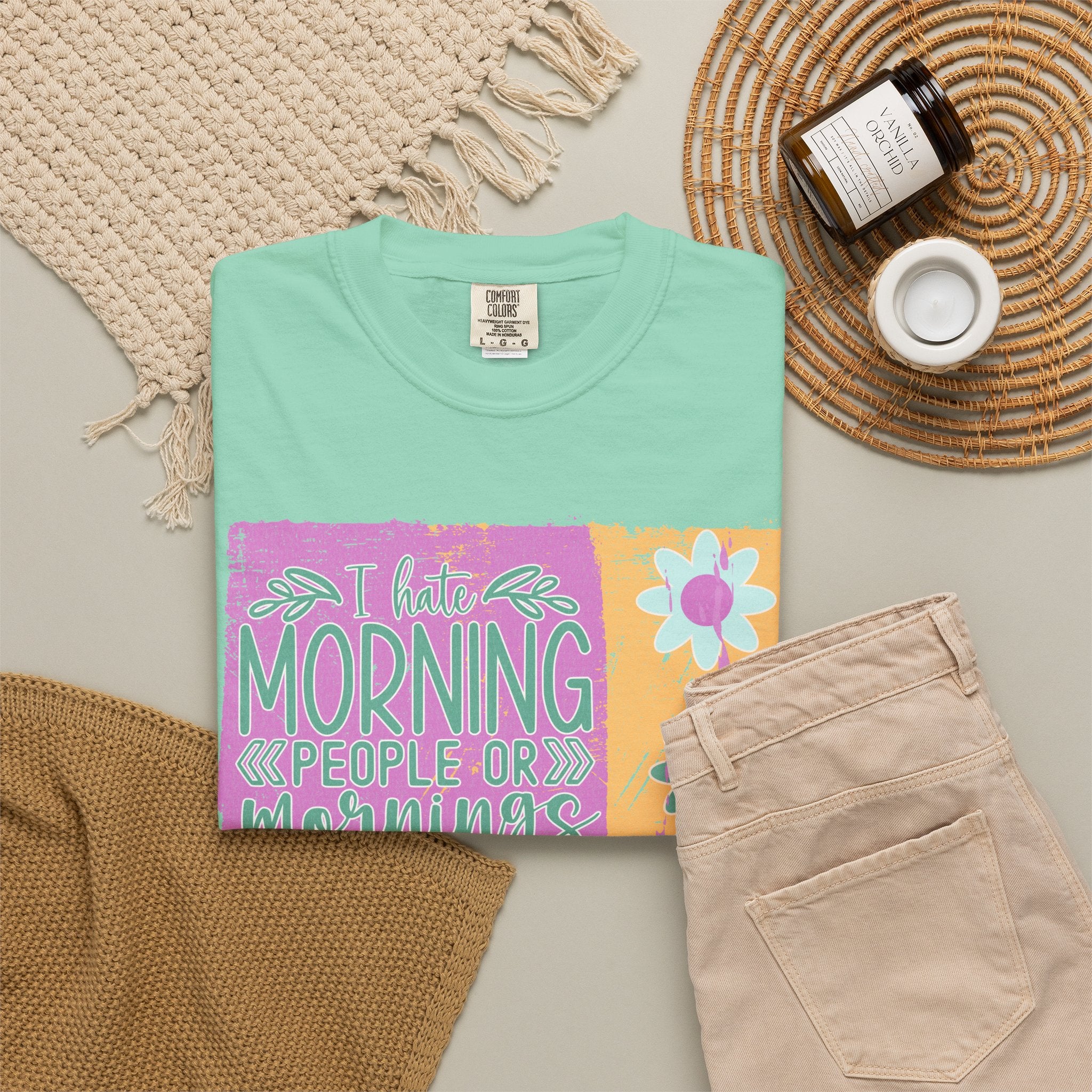 Graphic Textured T-Shirt — “Not a Morning Person” Retro Floral Block Design