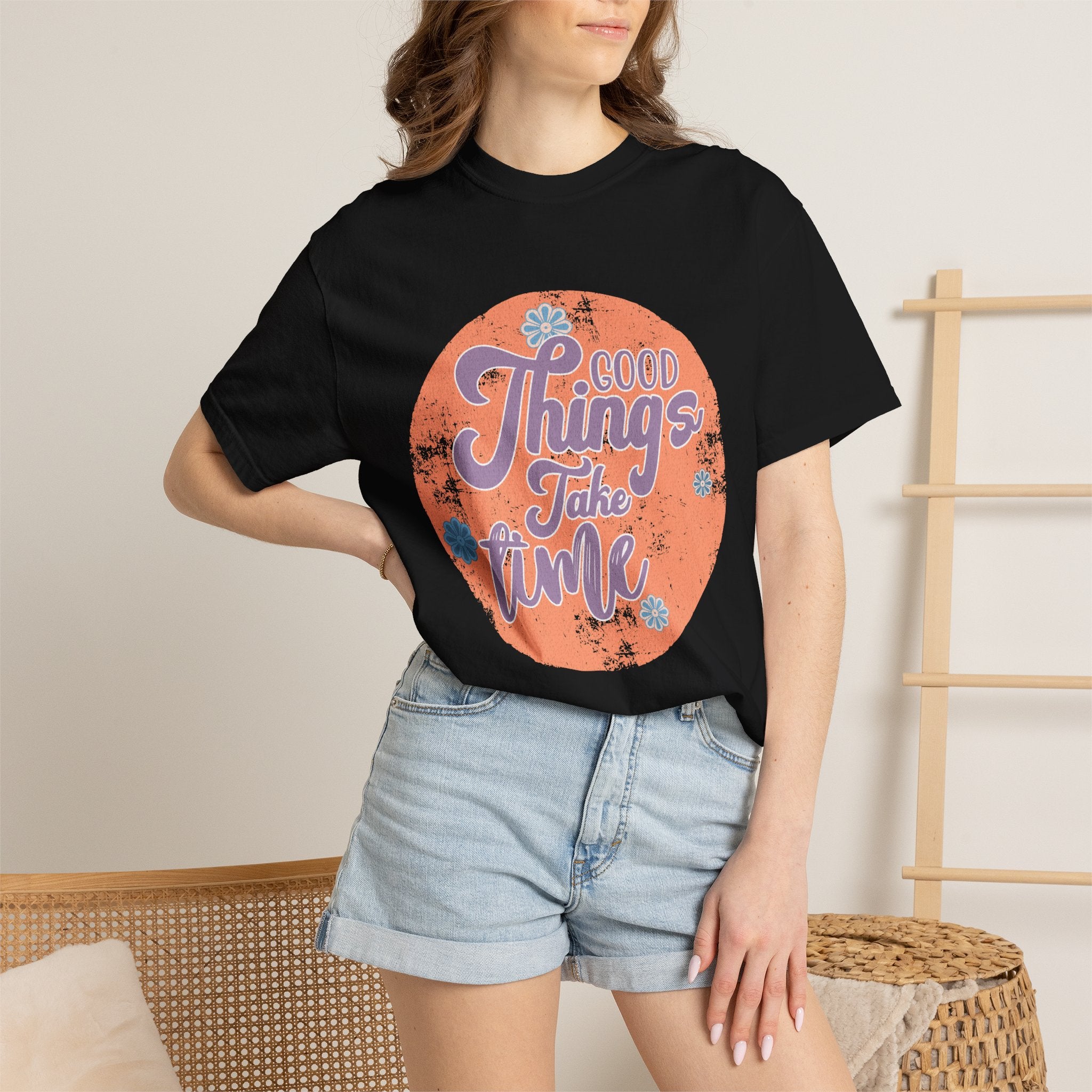 Good Things Take Time T-shirt | Textured Retro Script Circle Design
