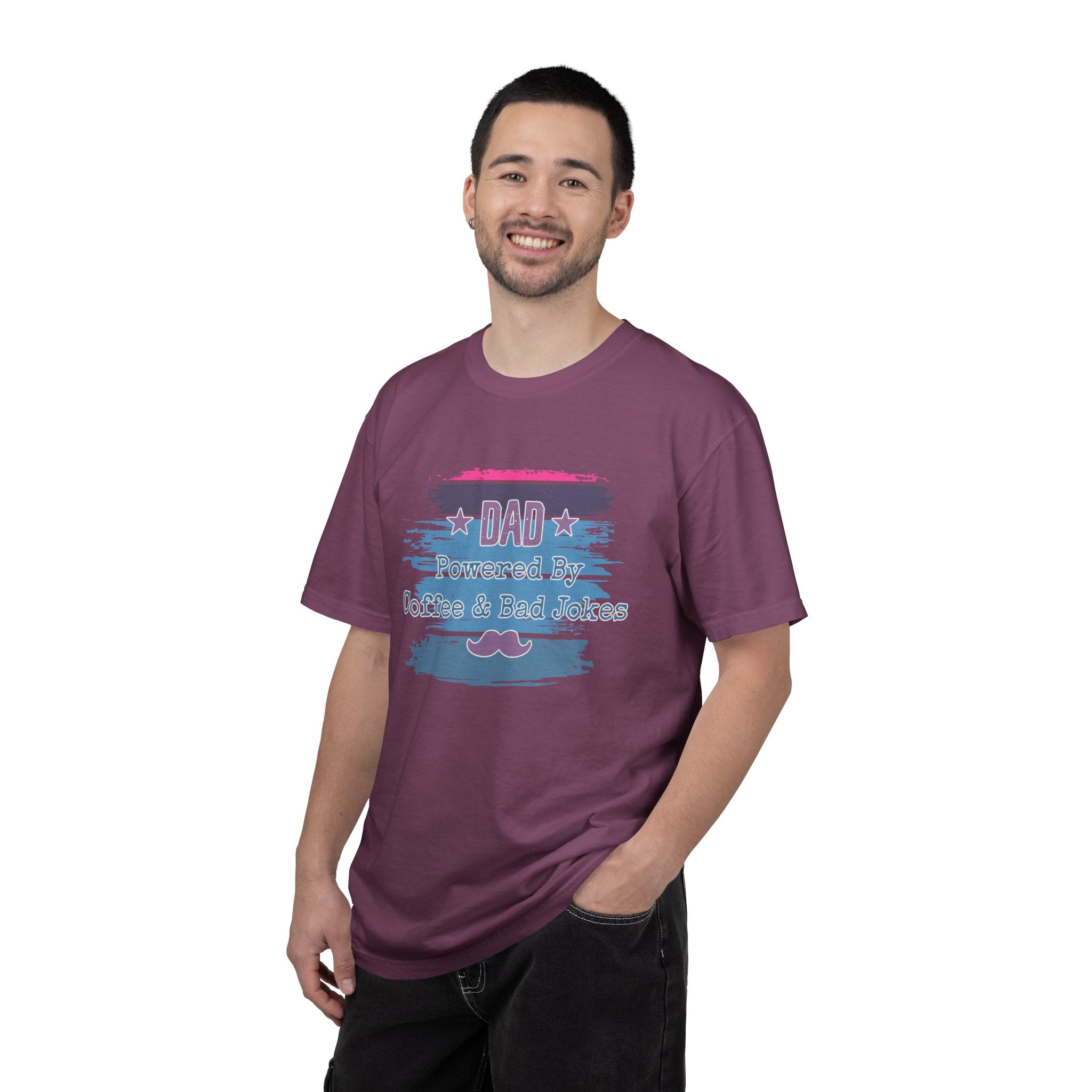 Textured Dad T-Shirt - "Powered By Coffee & Bad Jokes" Vintage Stripe Father's Day Tee