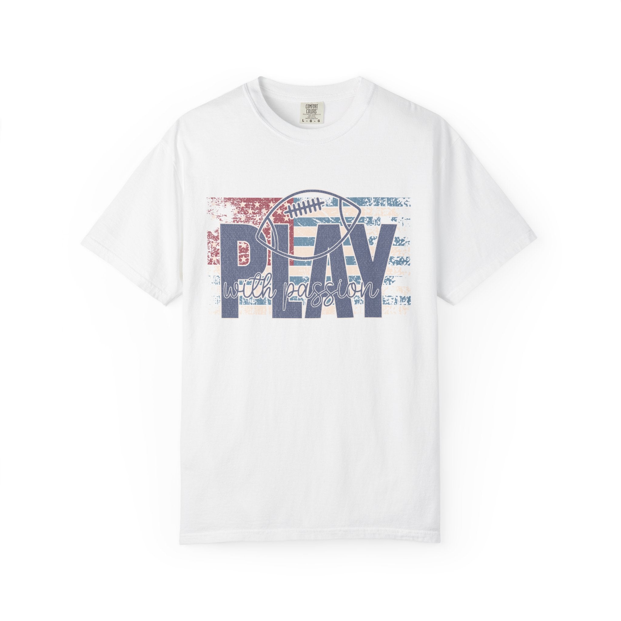 Play With Passion Football Textured Tee — Vintage American Flag Sports Tee