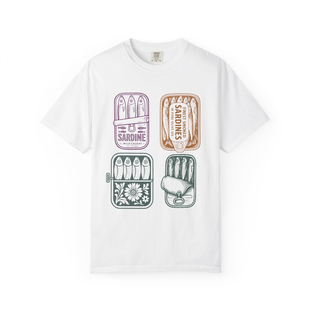 Sardine Tin Graphic Textured T-Shirt — Vintage Seafood Illustration Tee